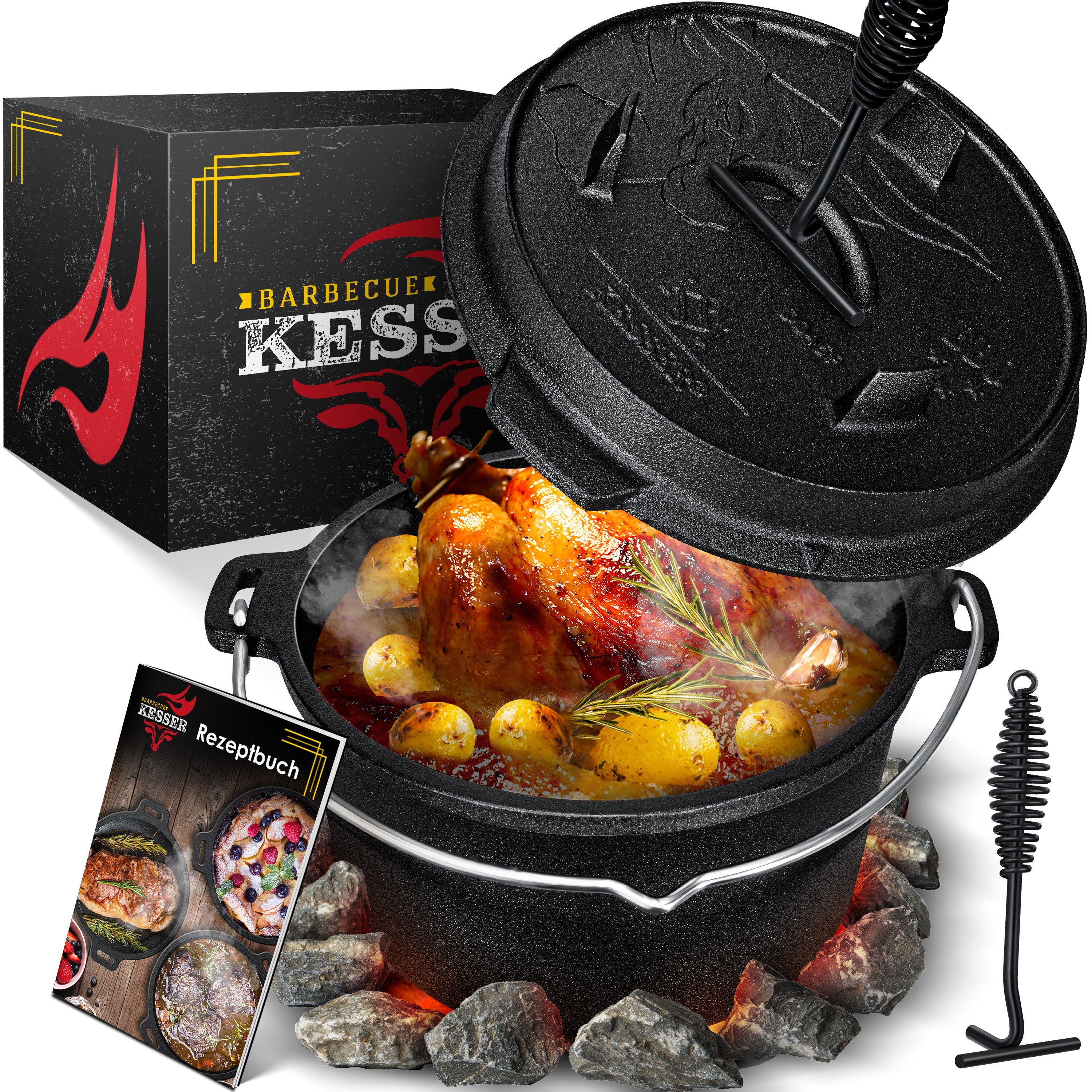 KESSER Feuertopf, Gußeisen, Dutch Oven Set BBQ Feuertopf Schmortopf, Gusseisen Topf