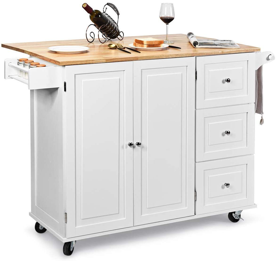 COSTWAY Küchenwagen »Servierwagen Kücheninsel Küchenschrank«, rollbar mit 2  festbaren Rädern, mit Handtuchhalter und 3 Schubladen, 135x76x91cm online  kaufen | OTTO