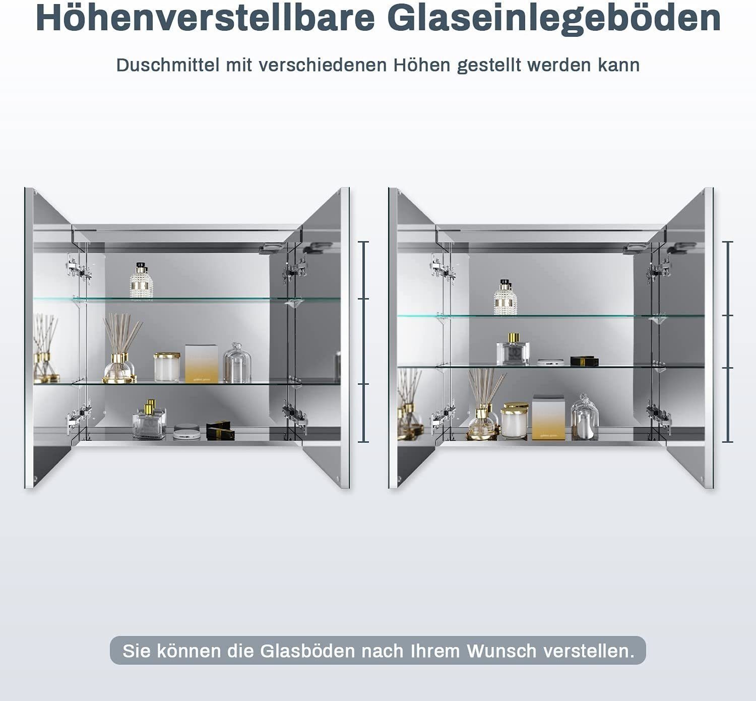 Design Spiegelschrank Steckdose Badezimmer Kippschalter Scharnier mit Spiegelschrank Beleuchtung SONNI Edelstahl Kabelloses 70x65cm mit