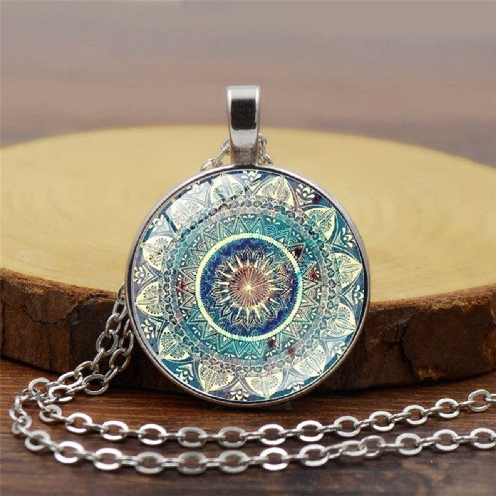 RAIKOU Ohrring und Ketten Set Mandala rund, Boho Vintage Ohrringe/ Kette mit Mandala Muster, Glas Cabochon Ohrhänger 2,8 cm – Bild 3 von 4