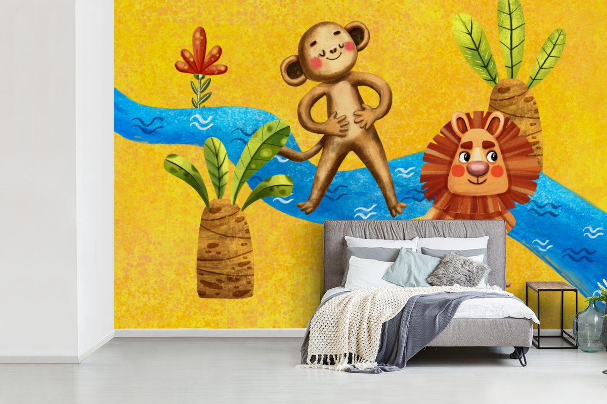 MuchoWow Fototapete Affe - Schlafzimmer, Wallpaper Vinyl Dschungel Löwe - Wohnzimmer, bedruckt, St), Kinderzimmer, Tapete Wasser, Matt, - für (6