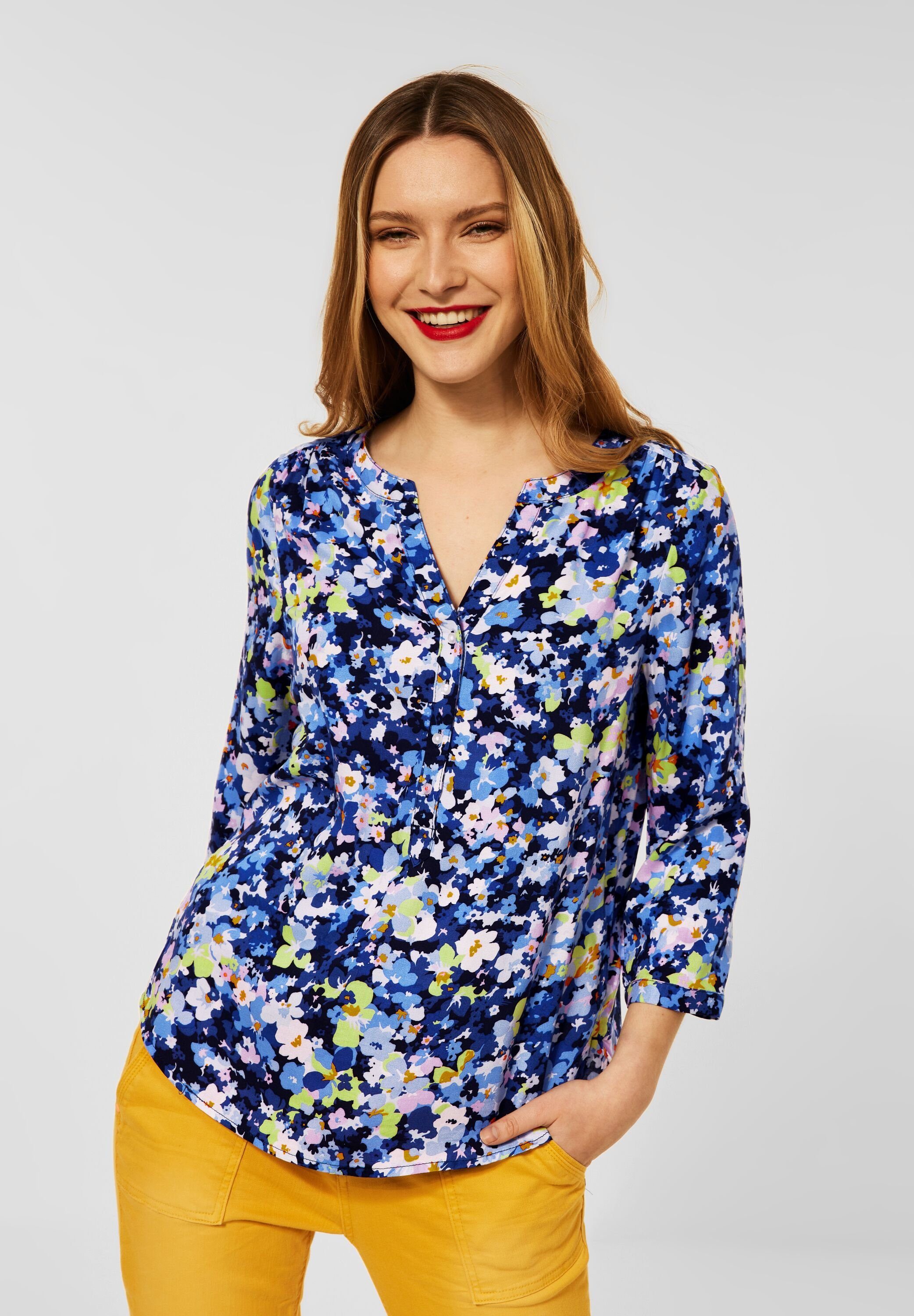 Blue mit Street Klassische Grand STREET in One ONE Bluse Muster geschnitten (1-tlg) Locker Bluse Blumen