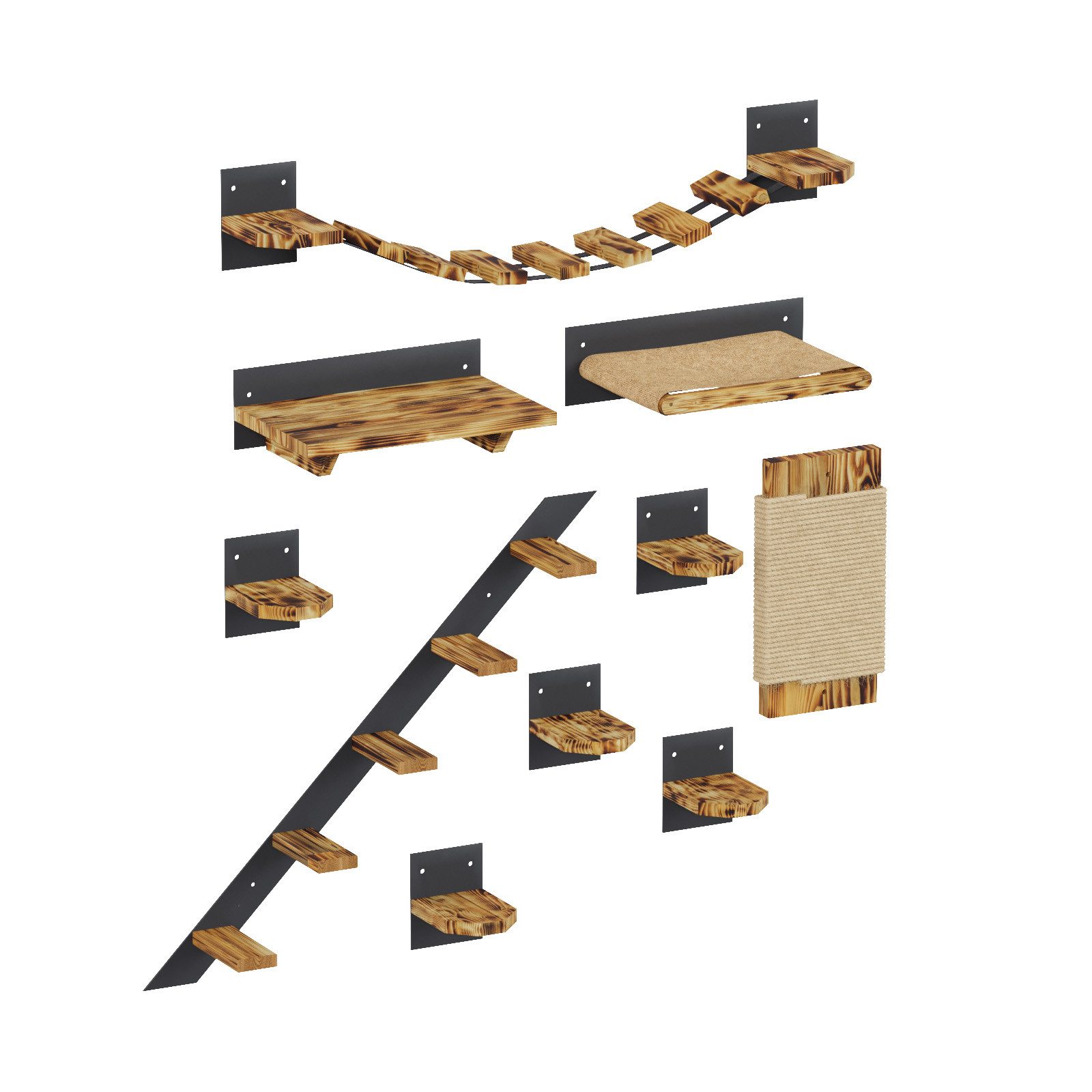 QLS Katzen-Kletterwand LOFT Wandmontage, Set Aus Metall pulverbeschichtet und Holz Geflammt 10 Teilig