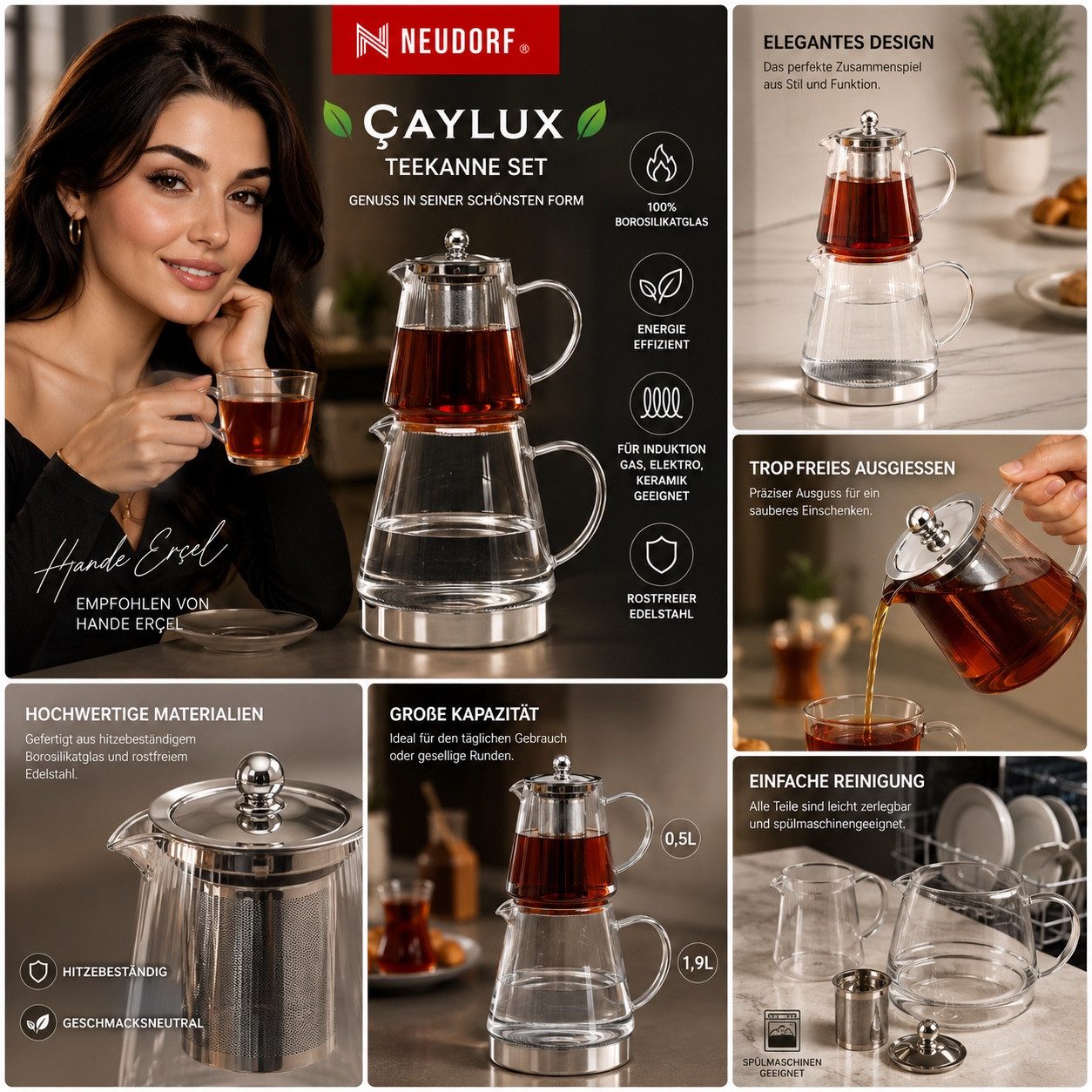 Ertex Caydanlik-Teekanne Teekanne Caydanlik Borosilikat Glas-Teekannen-Set, 3L/2,5L Induktion