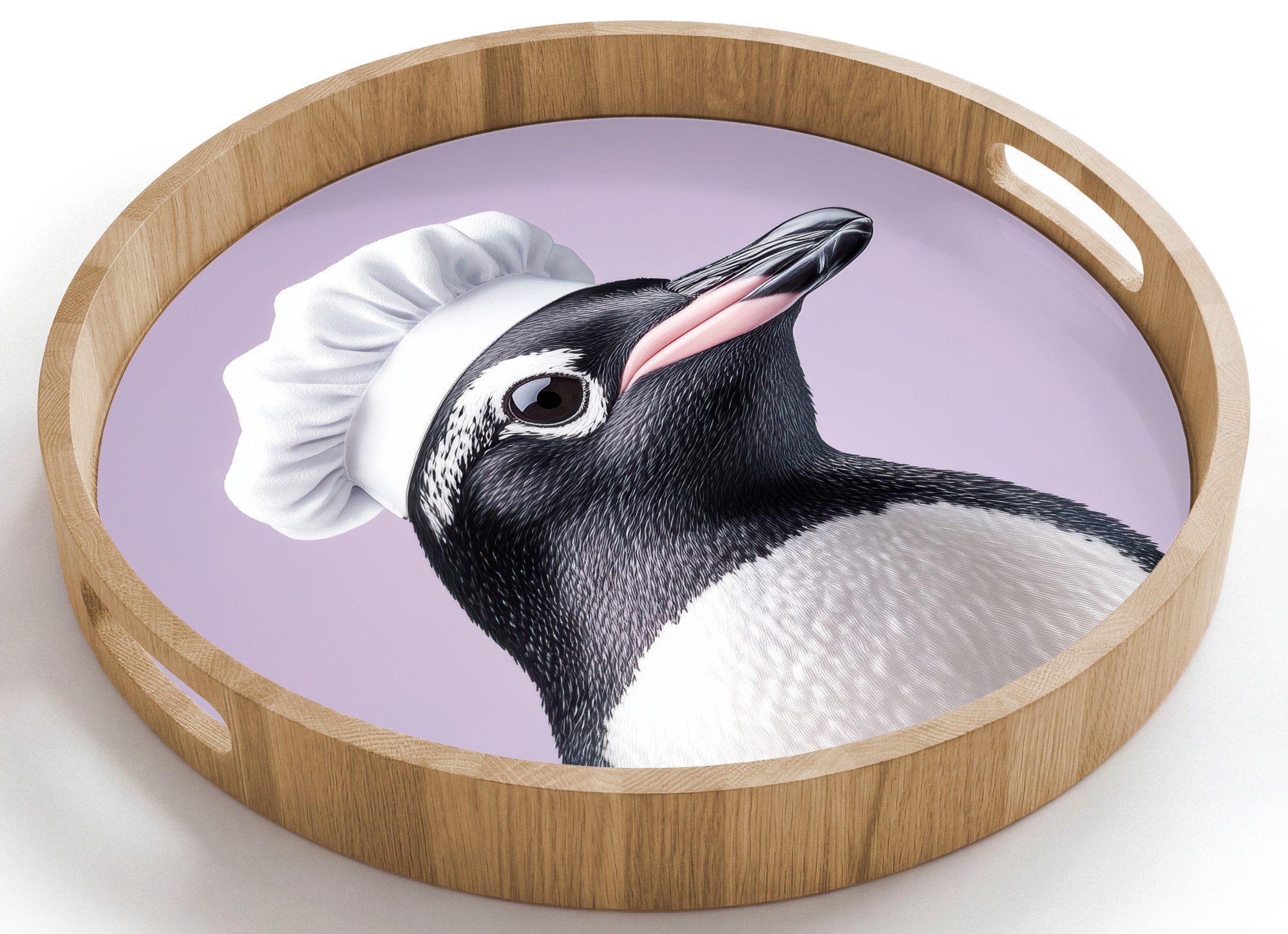 OnlyWow Tablett Rund mit Henkel Pinguin - Kochmütze - Lieb - Lila, Eichenholz, (1-tlg), Siervierplatte, Tray, Frühstücksbrett