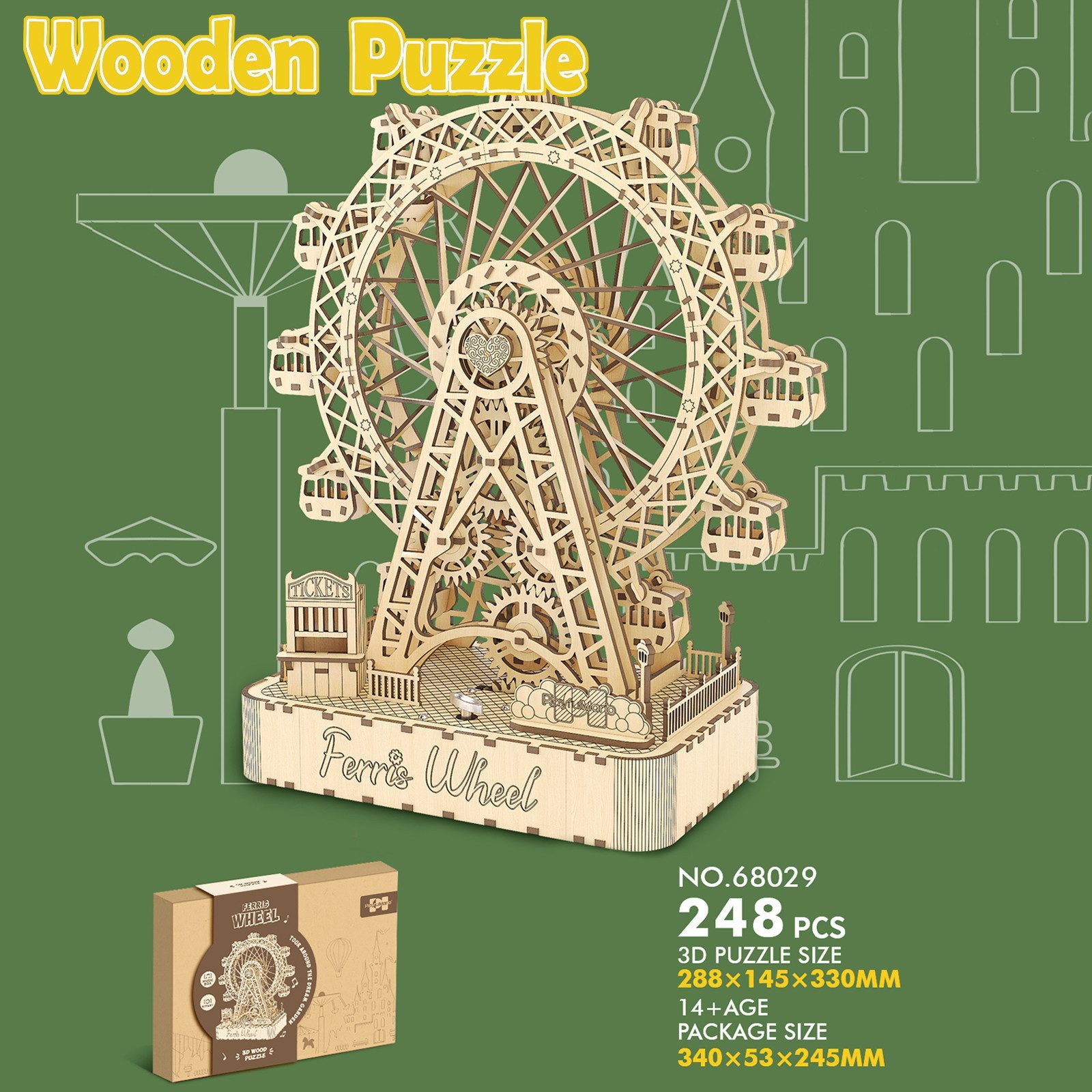 Esun 3D-Puzzle 3D Holzpuzzle, Rotierendes Riesenrad Modellbausatz mit Musik, 248 Puzzleteile, Mechanischer Holzbausatz zum Bauen, DIY Montage