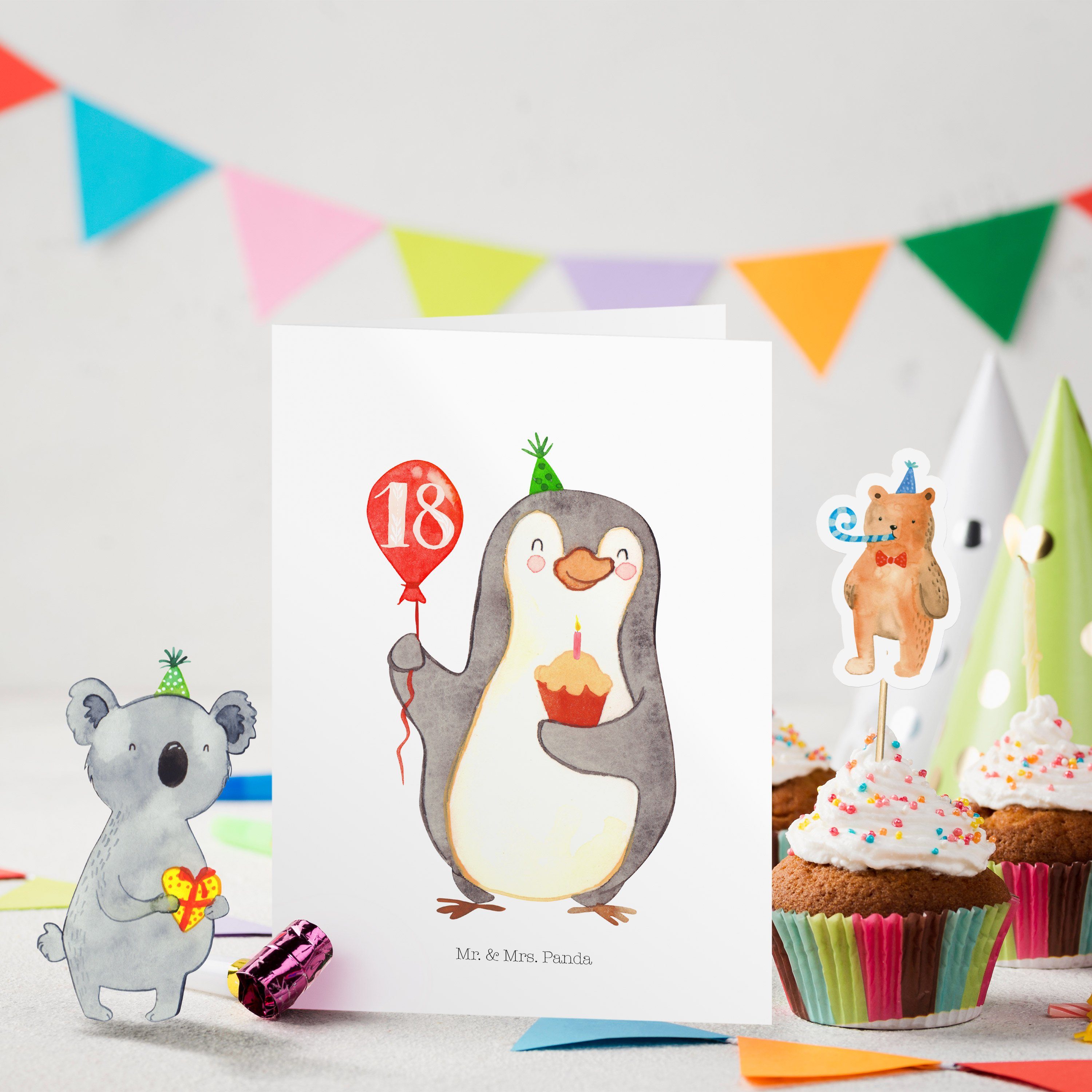 & - 18. Weiß - Geschenk, Geburtstagskarten Geburtstag Mrs. Mr. Luftballon Panda Pinguin Geburtstagsgesch