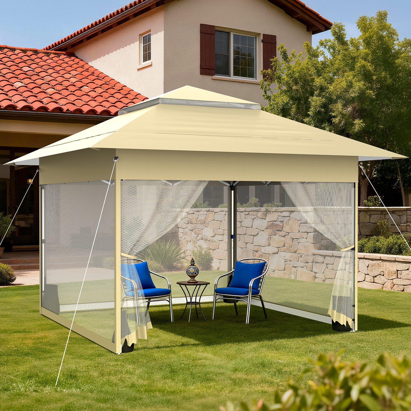 Huracan Faltpavillon Gartenpavillon 3,6x3,6m mit 4 abnehmbaren Moskitonetz-Seitenwänden, mit 4 Seitenteilen, One-Touch-Hebesystem, 3-fach höhenverstellbar,Pop Up Pavillon