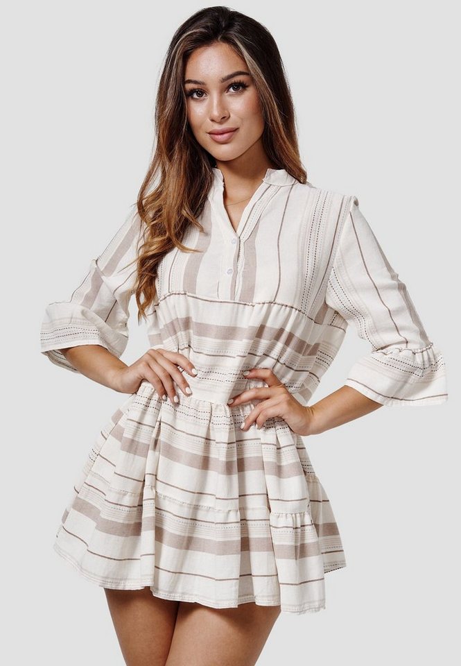 Rayshyne Sommerkleid RS27 (Modisches Tunika Hemdblusenkleid in Leinen Optik)