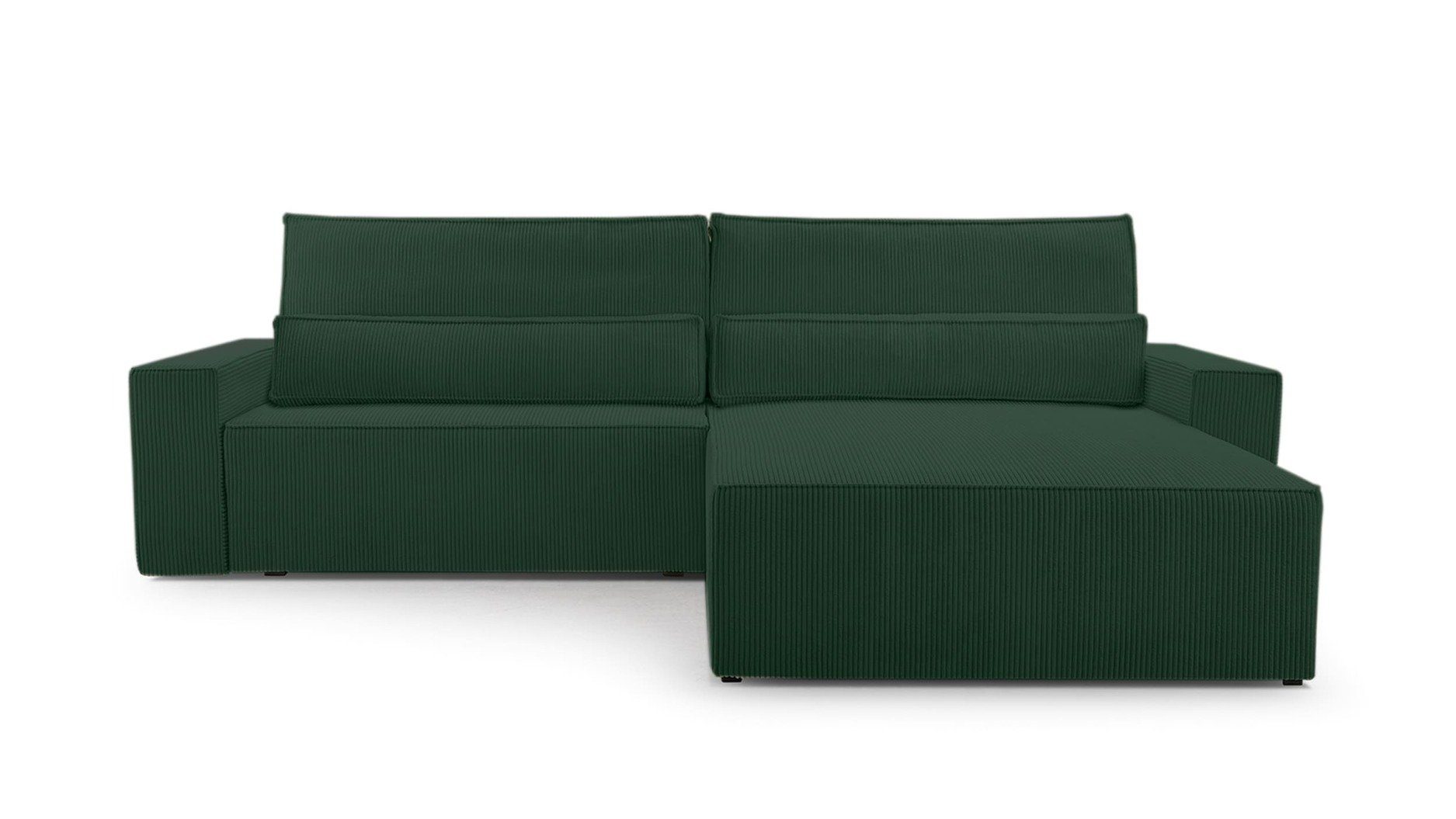 MOEBLO Ecksofa DENVER, mane beidseitig montierbar Couch Cord für Wohnzimmer Schlafsofa Sofagarnitur Sofa Eckcouch L-Form Cordstoff - 297x85x185cm, mit Schlaffunktion und Bettkasten Dunkelgrün (Poso 14)