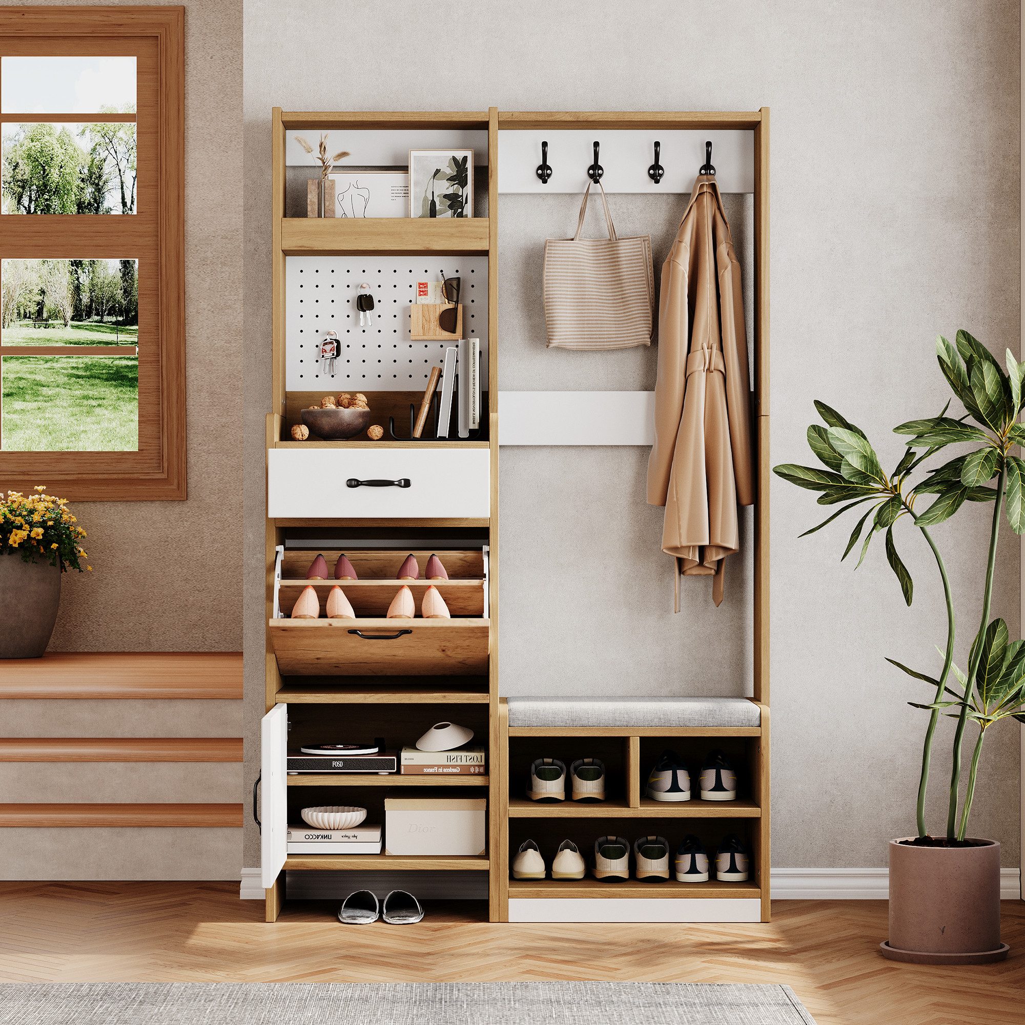 Merax Garderoben-Set in Naturholzoptik, Kompaktgarderobe mit Pegboard, (1-St., B108.5 × T35 × H180 cm), Flurgarderoben mit Schuhbank, 4 Kleiderhaken, Schublade  – Bild 3 von 5
