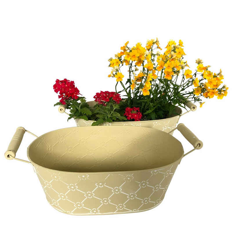Online-Fuchs Blumentopf 2er Set Blumenschalen gelb mit weißen Blumenblüten verziert P36 (Henkel aus Holz, Pastellgelb, Metall), Maße ca. 36 x 19 und 14 cm hoch. Zink