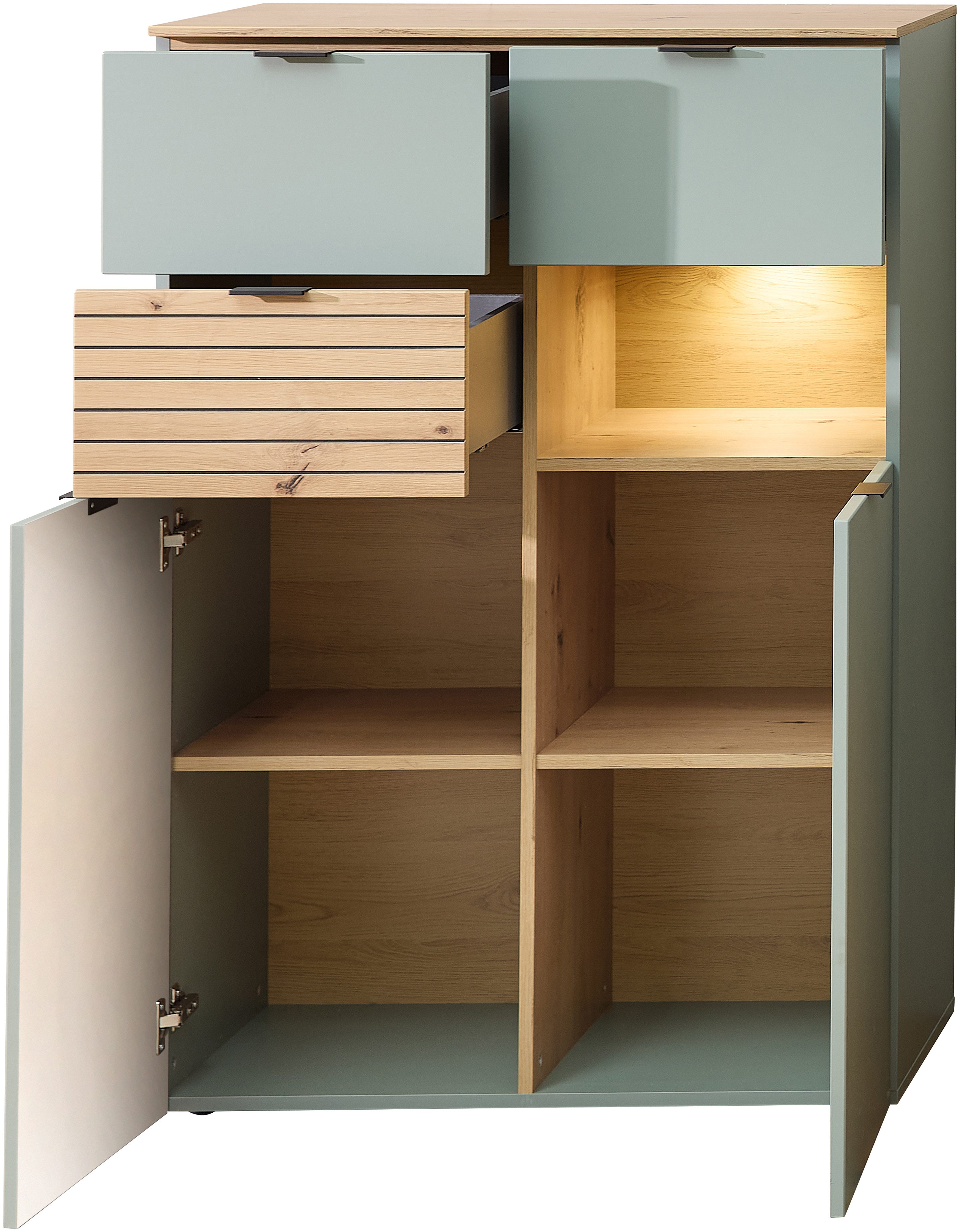 Innostyle Highboard INA Highboard, 84 x 125 x 45 cm (B/H/T) (1 St), 2 türig, 3 Schubladen, inkl. Beleuchtung, Softclose