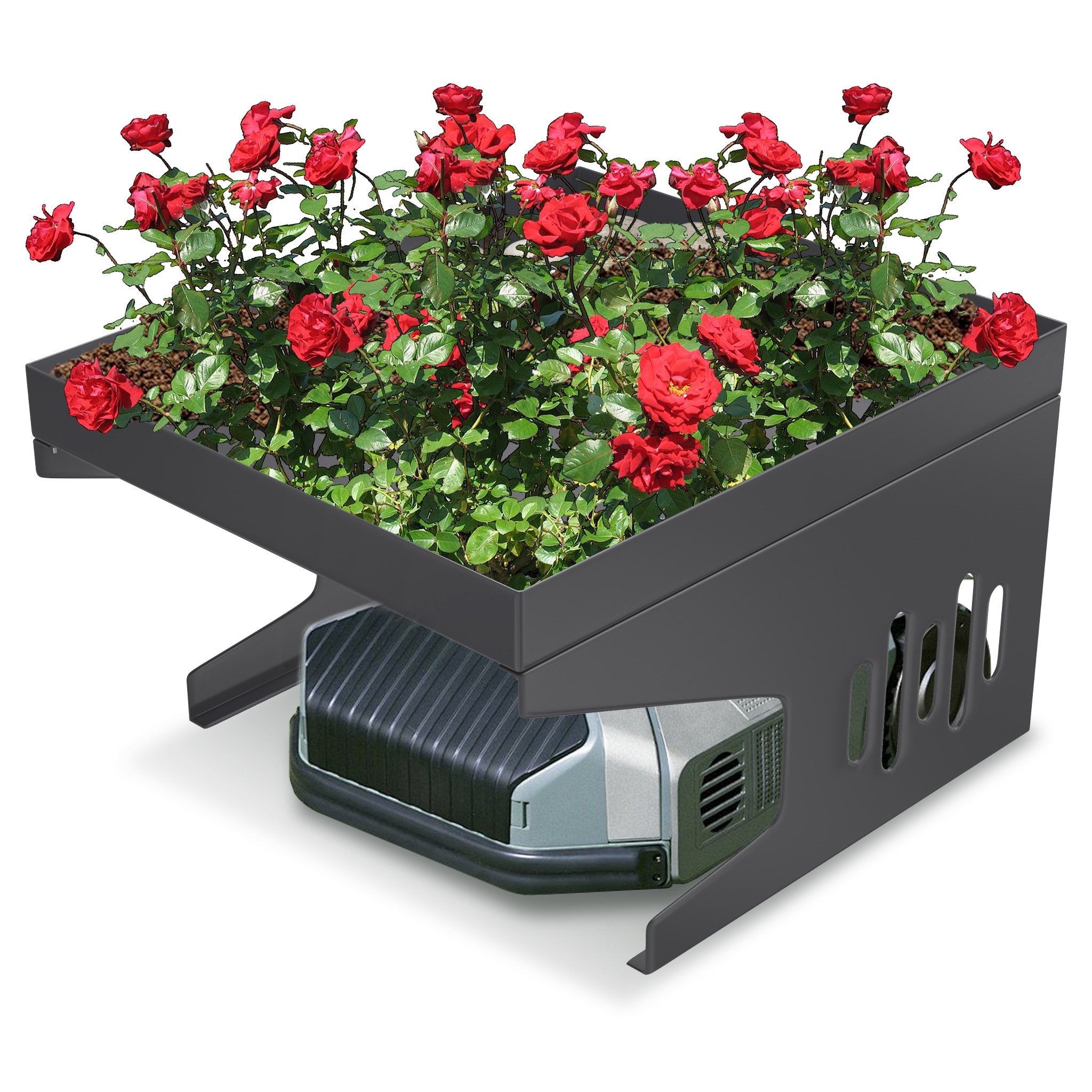 FIVMEN Mähroboter-Garage Metall Schutzüberdachung für Rasenroboter mit Pflanzkaste Überdachung, UV-Schutz Carport für Mähroboter Rasenmäher, 70x60x43cm