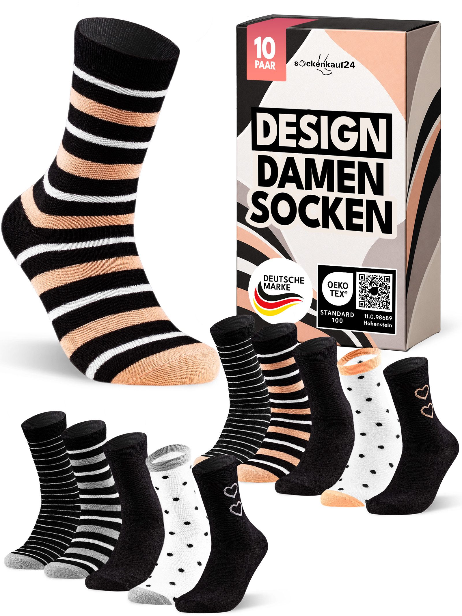 sockenkauf24 Freizeitsocken Damen Socken aus Baumwolle mit Muster - Streifen, Punkte, Herzen (10-Paar) Atmungsaktive Damensocken mit Komfortbund
