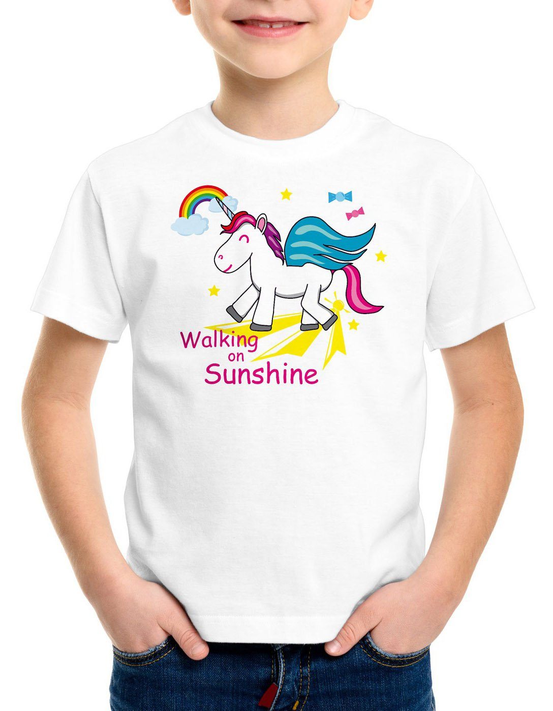 style3 Print-Shirt Kinder T-Shirt Unicorn Walking on Sunshine Einhorn Regenbogen Fun Spruch weiß