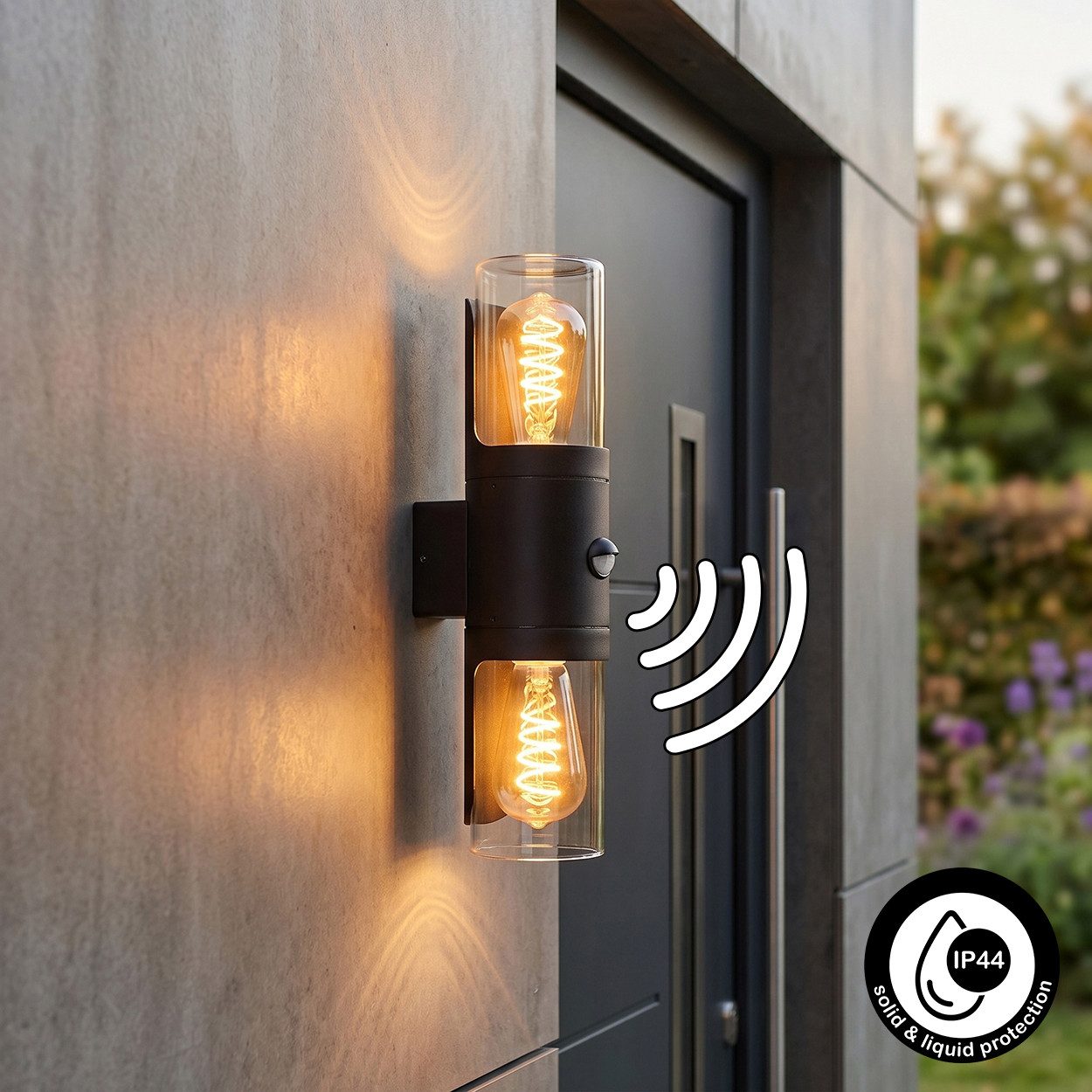 hofstein Außen-Wandleuchte Außenleuchte mit Bewegungsmelder aus Metall/Glas in Schwarz/Klar, ohne Leuchtmittel, Wandlampe für Terrasse/Hof, 2 x E27, ohne Leuchtmittel, IP44