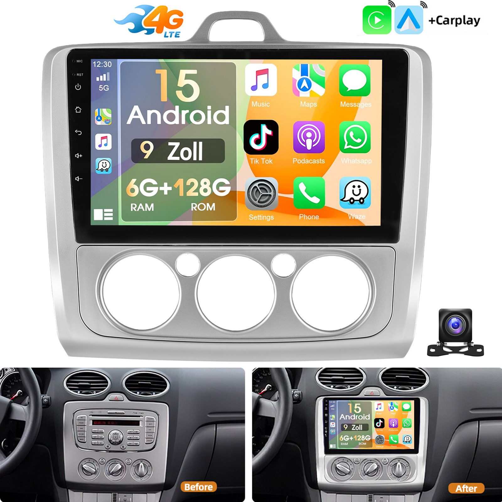ESSGOO 6+128G Carplay Autoradio Android15 GPS Für Ford Focus MK2 II 2004-2011 Autoradio (RDS, Digitalradio (DAB), FM, 6+128GB(optional), SWC, Carplay Android Auto Bluetooth EQ USB GPS Navi WIFI Touchscreen)