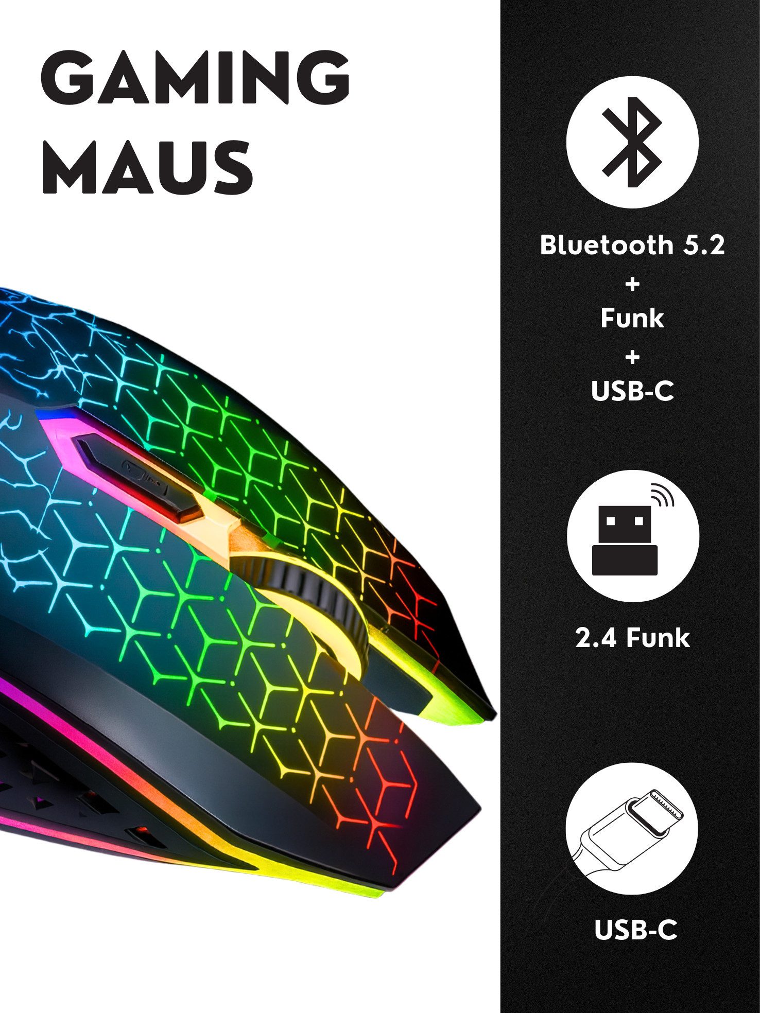 S&T Design RGB Gaming Maus Kabellos Wireless Leise Funk Bluetooth Maus (Funk, Bluetooth, kabelgebunden, 1600 dpi, USB-C Aufladbar Ergonomische Optische Maus für PC/Macbook/Laptop)