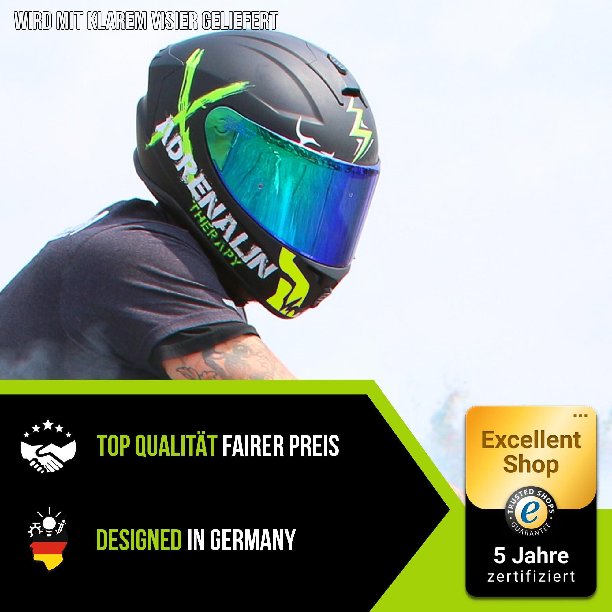 Broken Head Motorradhelm Adrenalin Therapy 4X Black-Green Matt, ein Helm für Adrenalin Junkies