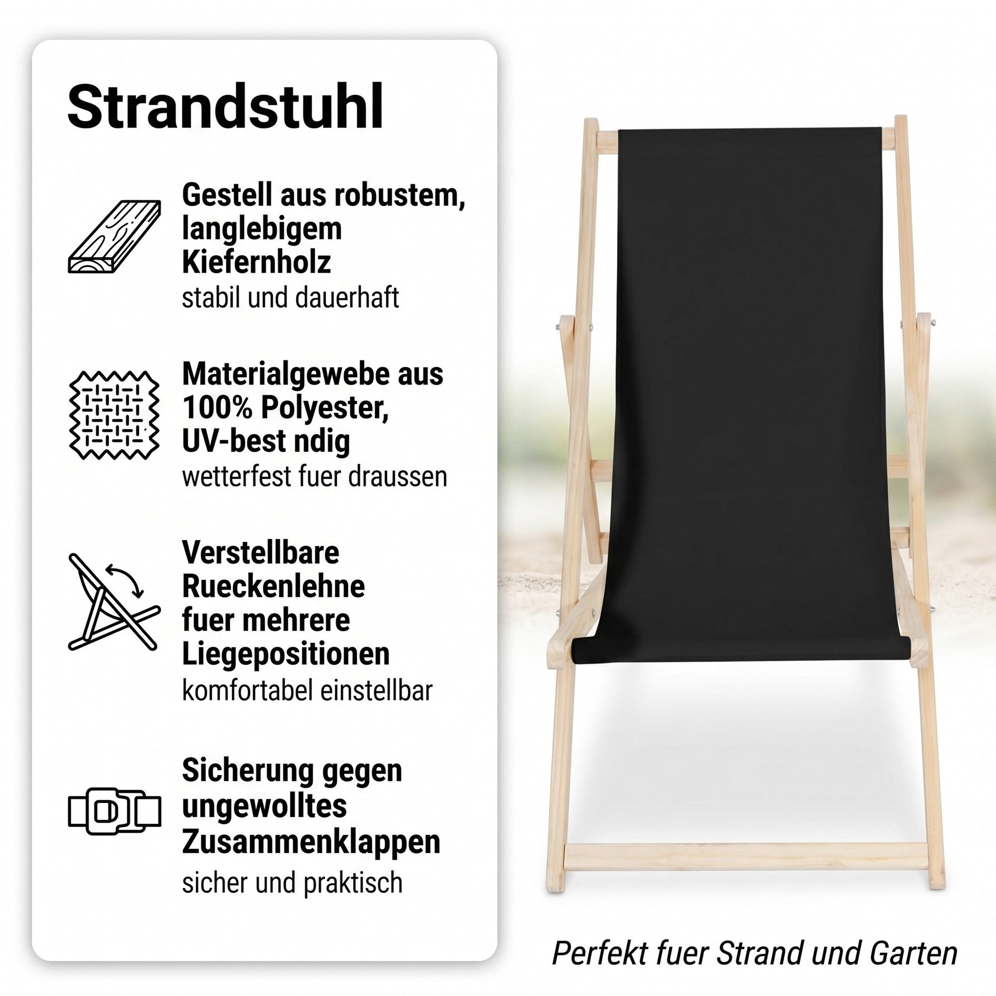 Mucola Gartenstuhl Strandliege Liegestuhl Gartenliege Sonnenliege Strandstuhl Balkonliege (Stück), Inkl. Sicherung gegen ungewolltes Zusammenklappen
