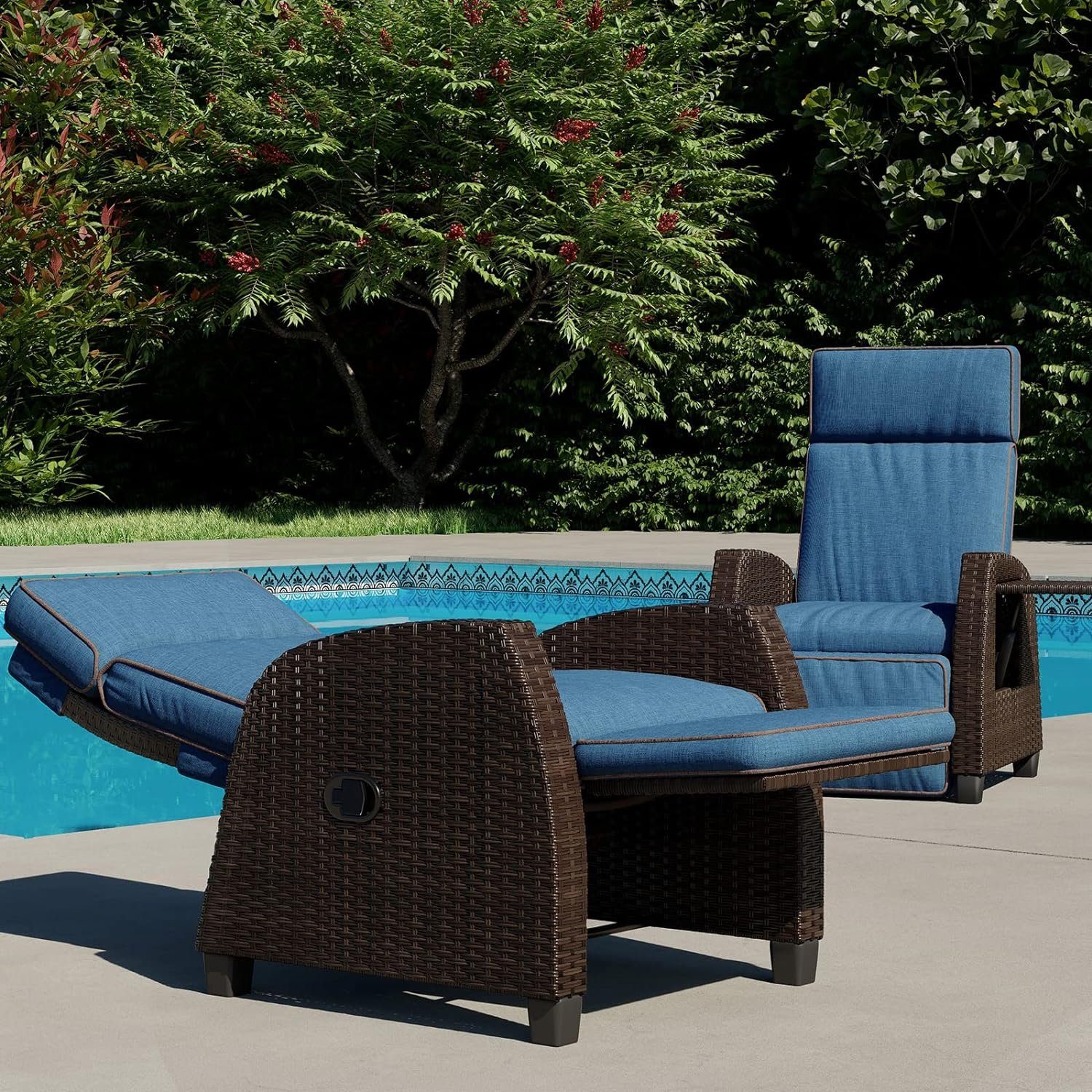 patio einstellbar Beistelltisch, Grad Grand Dunkelbraun mit Sitzkissen, Rückenlehne aus | 150 Gartensessel Blau PE-Rattan, mit