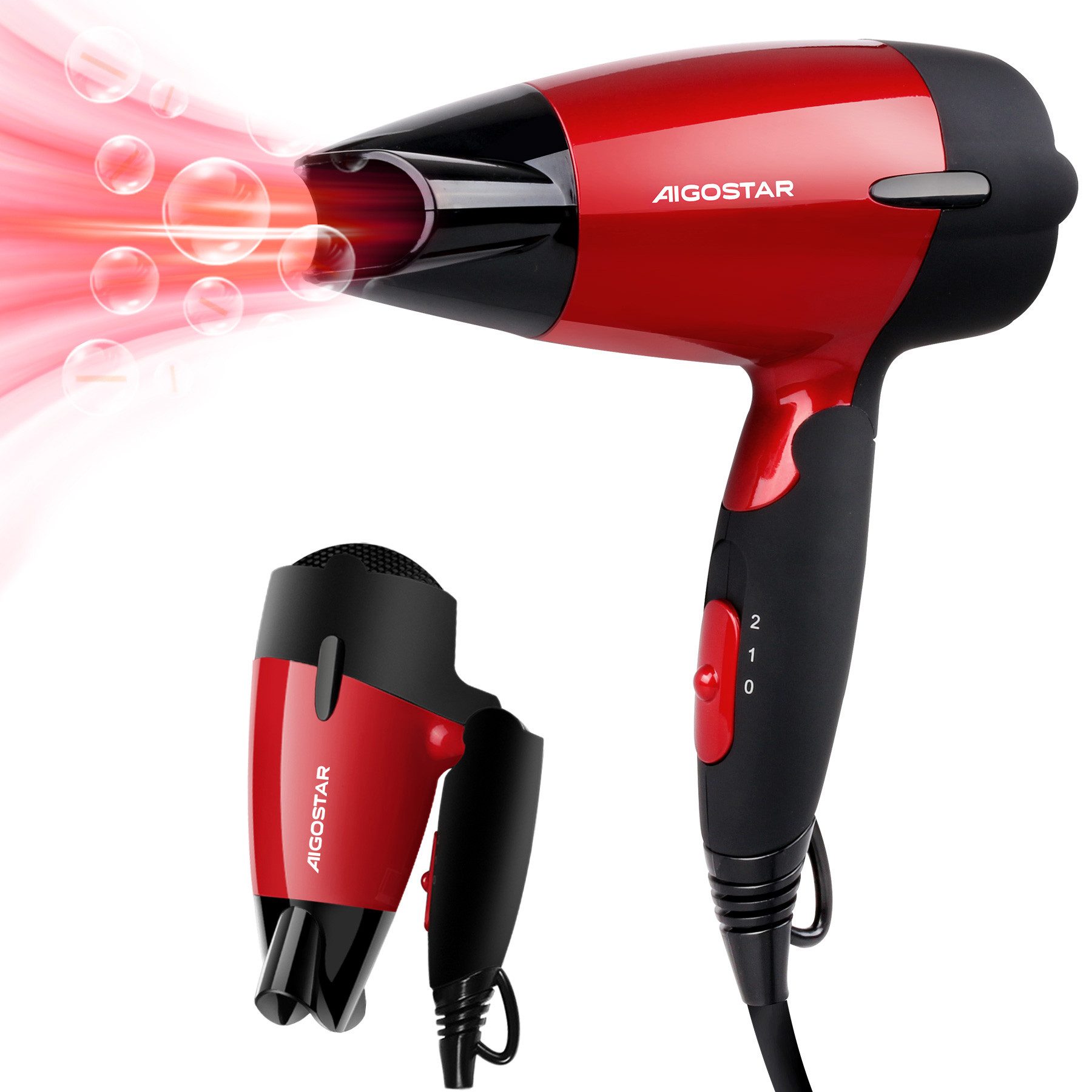 Aigostar Haartrockner Linda - Haartrockner Klein Klappbar, Föhn Mit Stylingdüsen, 1500,00 W, Klappbar, Schnelles Trocknen, 2 Heiz