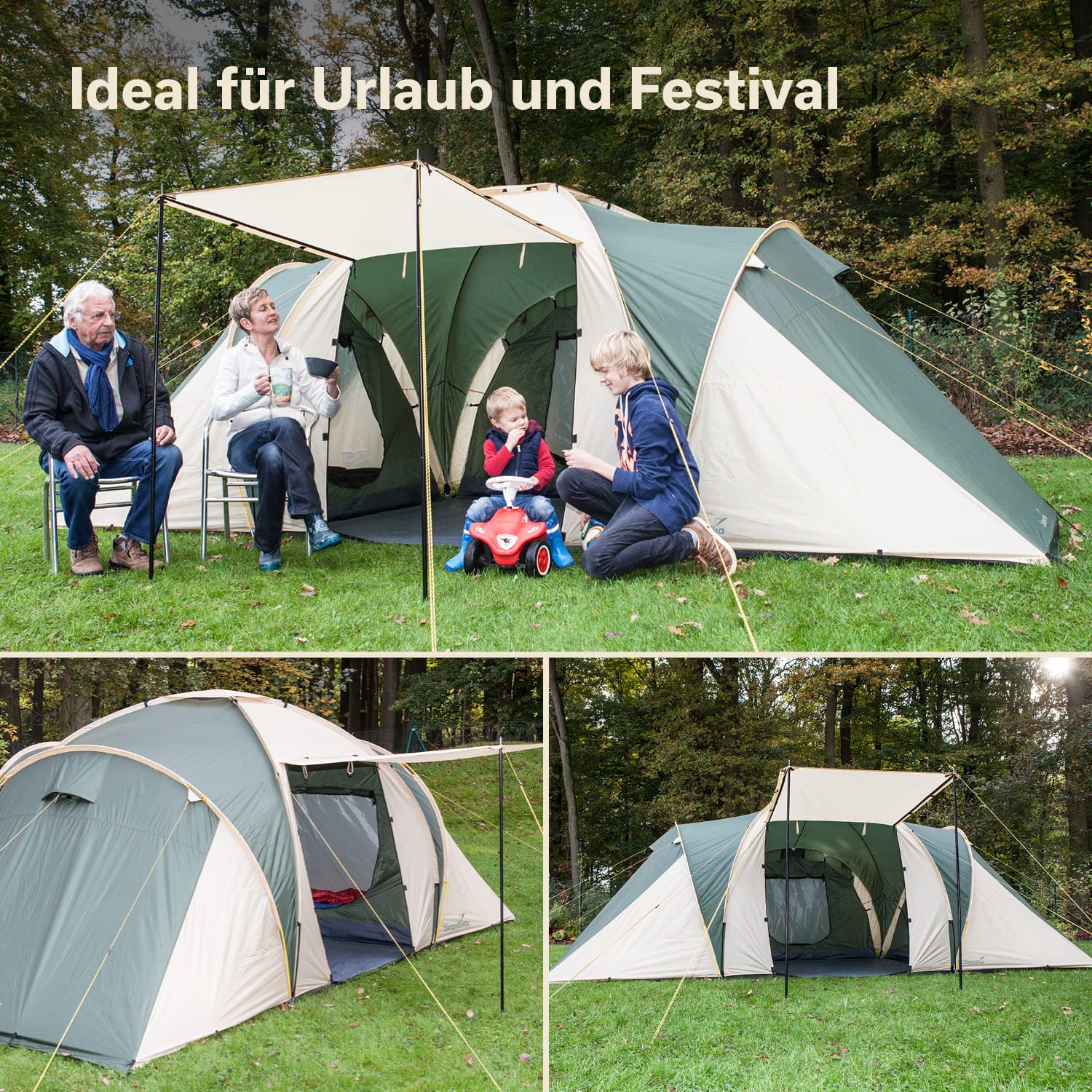 Skandika Kuppelzelt Daytona 6 Familienzelt mit 3 großen Schlafkabinen, Personen: 6 (Innenzeltboden, Sonnendach, Haken für Zeltlampe), 3000 mm Wassersäule, 195 cm Stehhöhe, Moskitonetze in der Schlafkabine