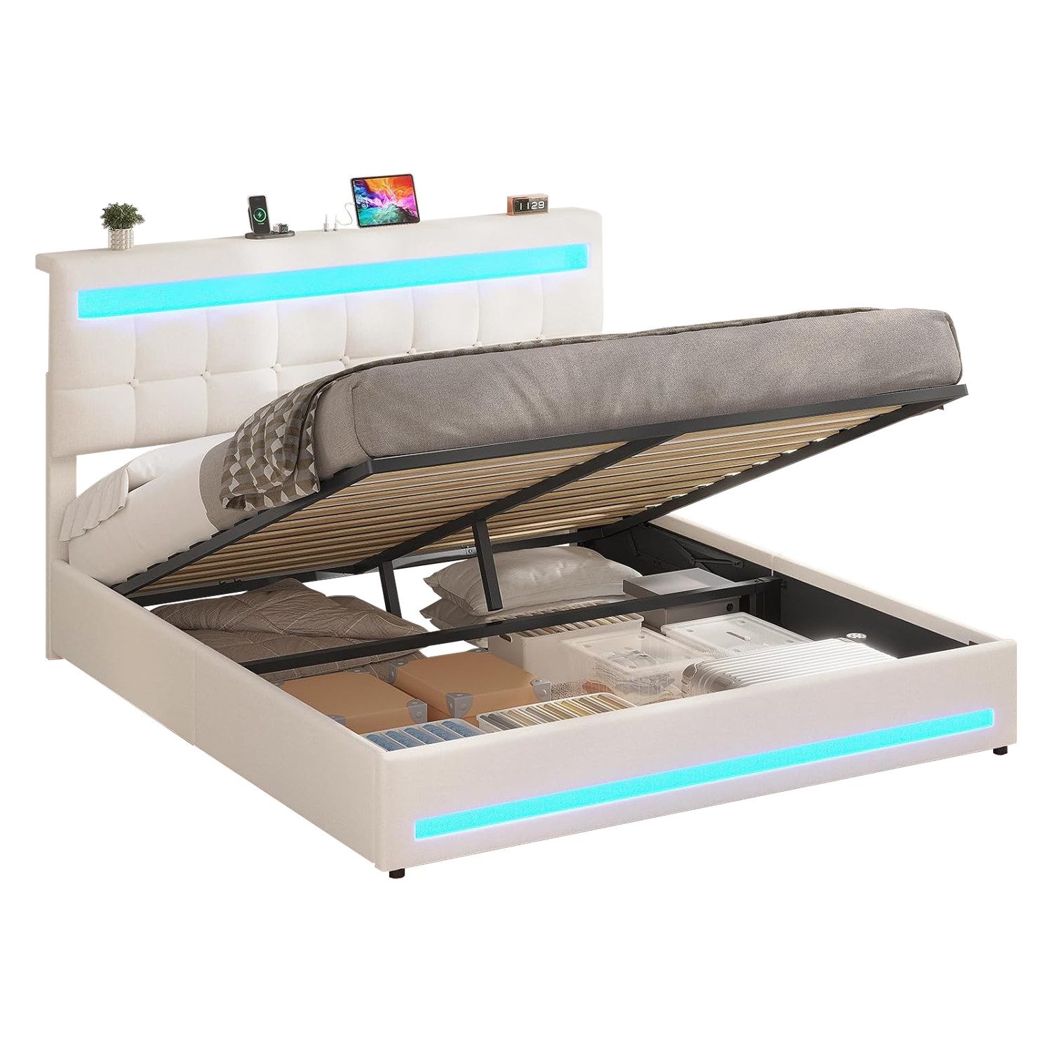 MSMASK Polsterbett Hydraulisches Stauraumbett mit höhenverstellbarem Kopfteil (Ohne Matratze), Funktionsbett, Jugendbett mit LED-Beleuchtung und Ladeanschlüssen