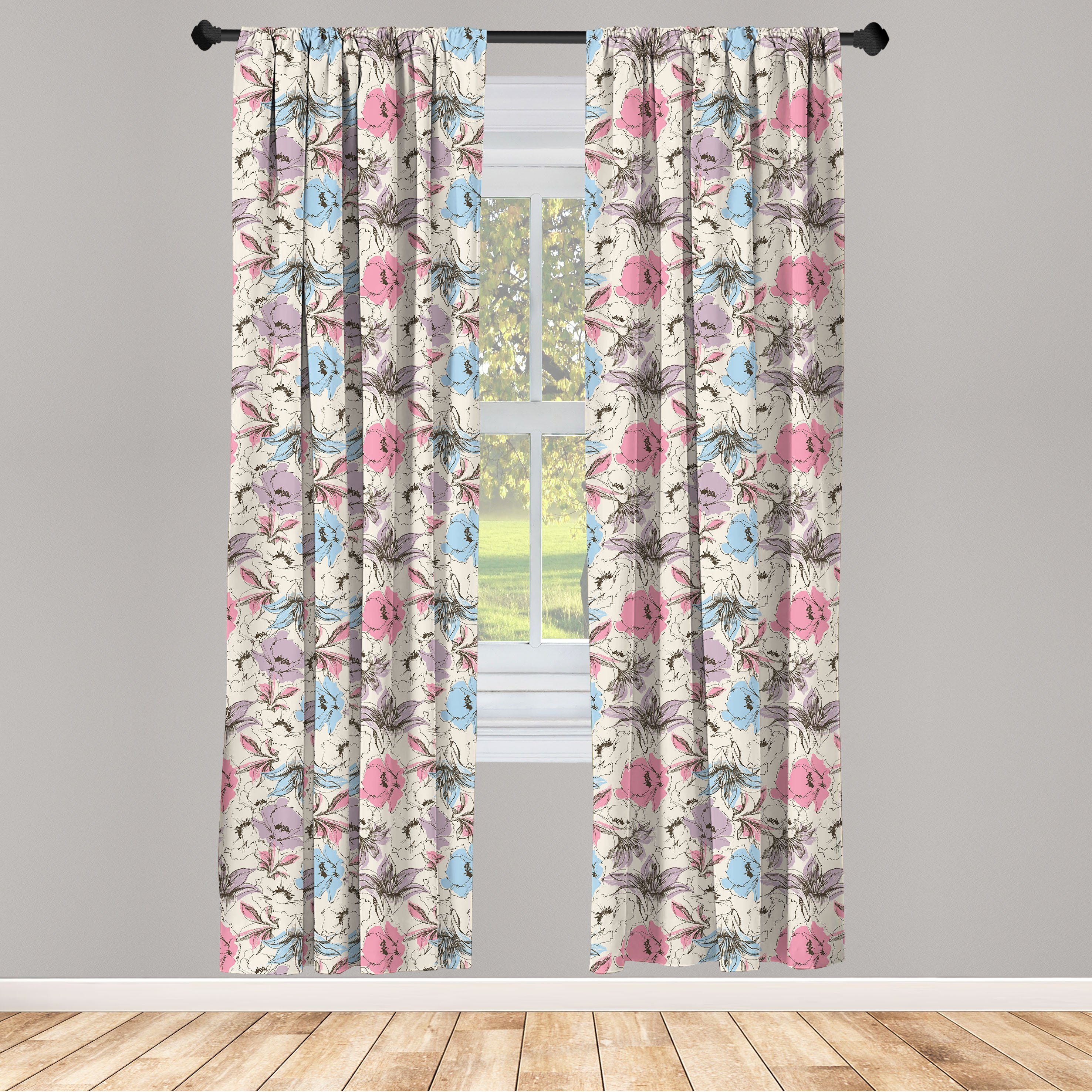 Gardine Vorhang für Wohnzimmer Schlafzimmer Dekor, Abakuhaus, Microfaser, Blumen Lily und Mohnblumen-Skizze