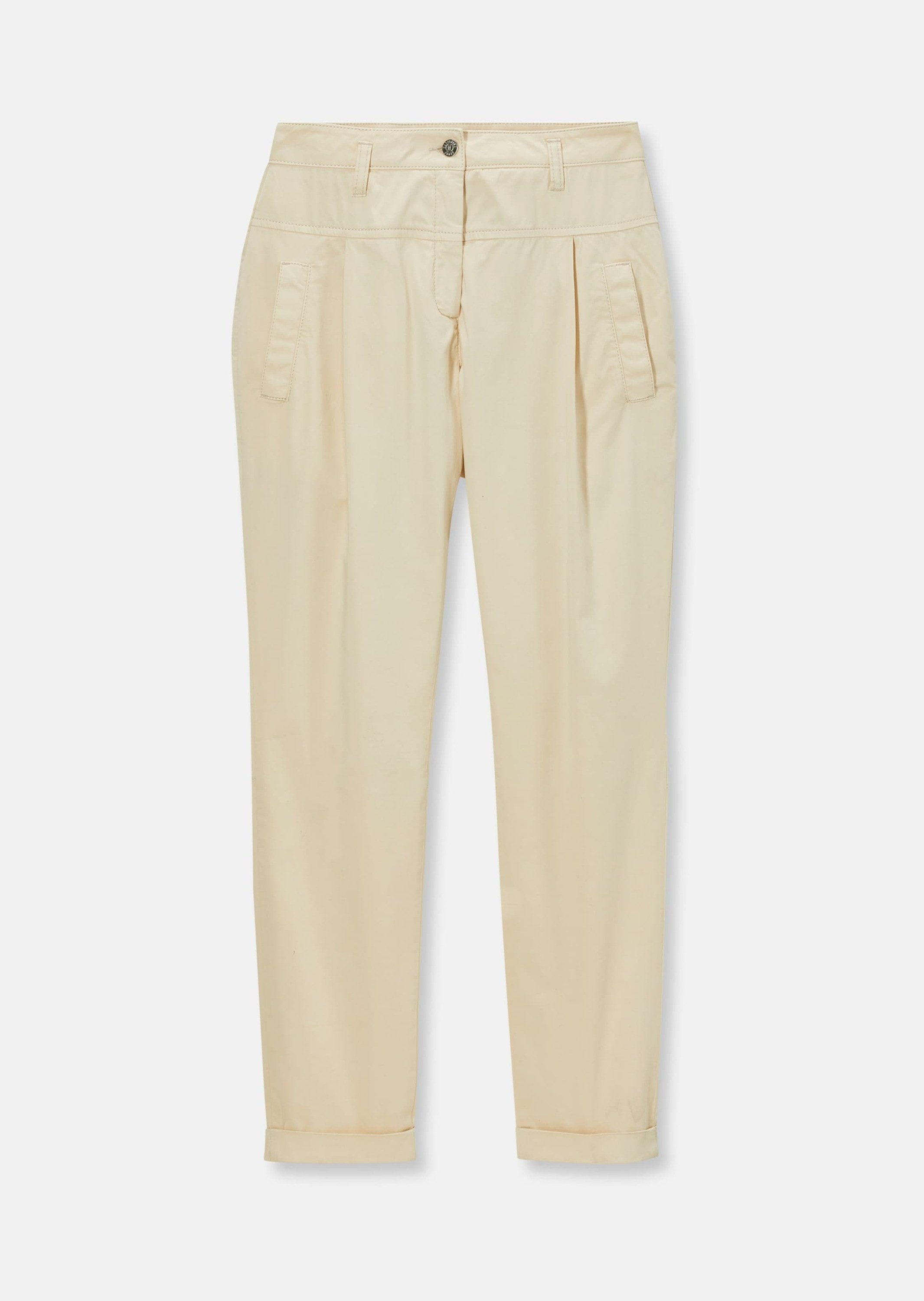 MADELEINE Chinos Modische Chino-Hose mit Bundfalten Uni-Design, Verschluss mit Logo-Knopf, ohne Kragen