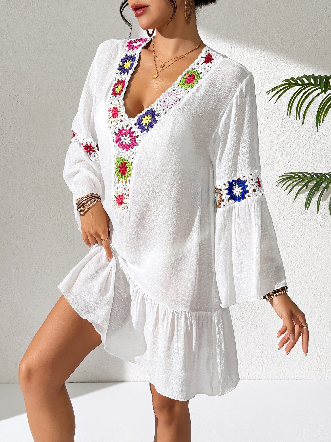 MOPUEA Strandkleid Strandkleid Damen Boho Tunika V Ausschnitt Häkelspitze Große Größen (1-tlg) Bikini Cover Up Mit Häkelblumen Volantsaum Strandtunika Sommerkleid