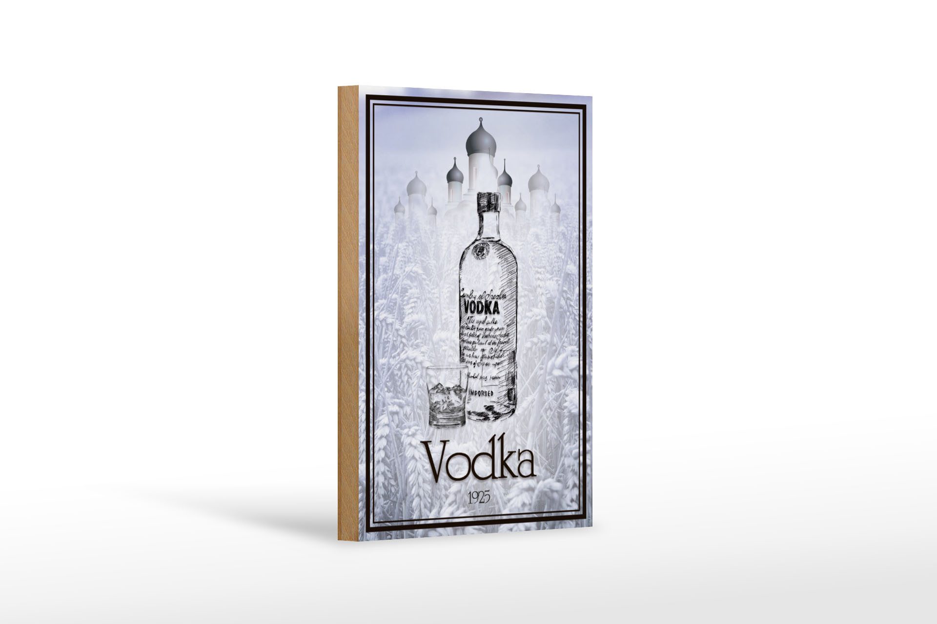 Holzbild 12x18 cm 1925 Vodka imported