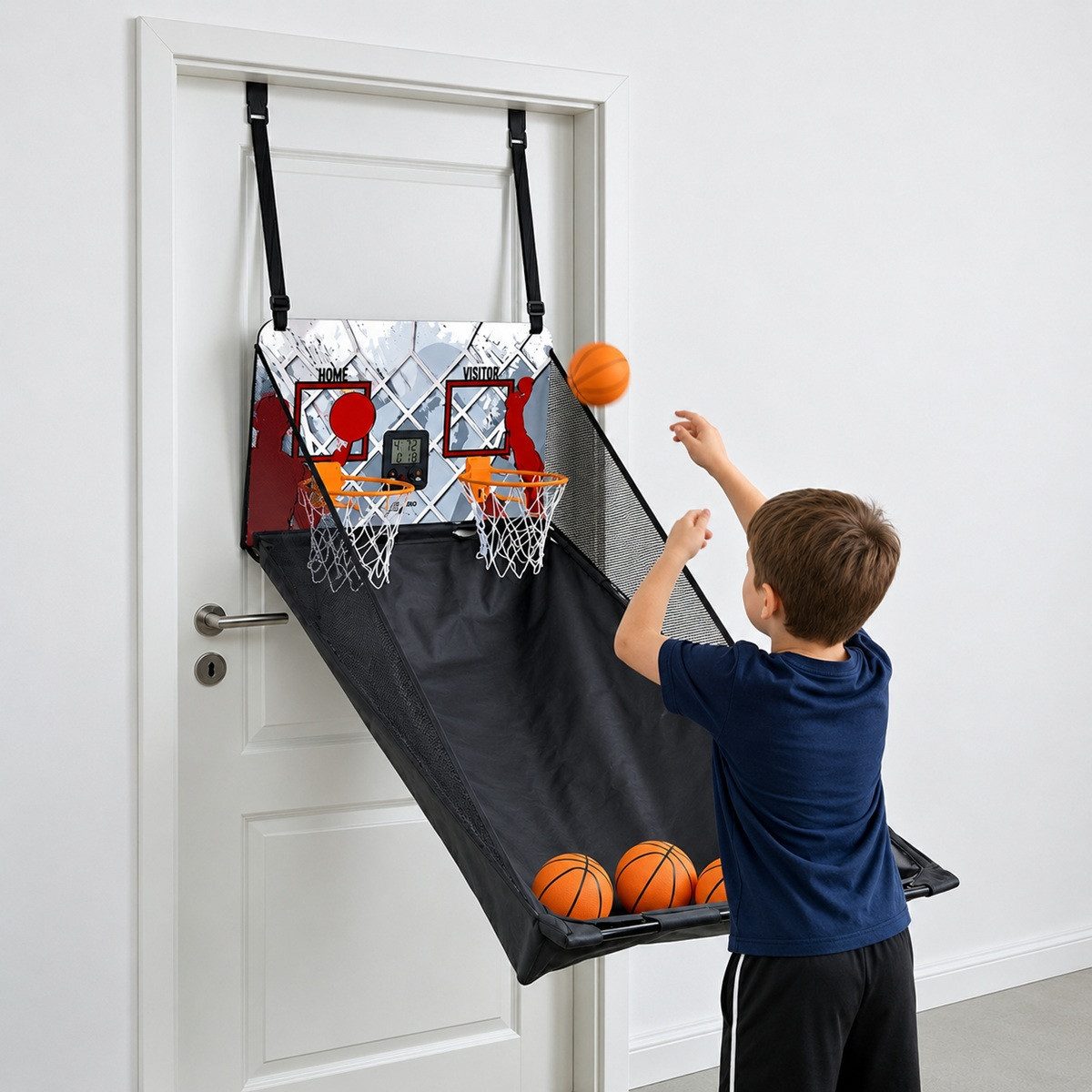FASports Basketballkorb Indoor-Basketballspiel Bascade für die Tür mit LCD-Anzeigen, faltbar (für 2 Spieler ab 6 Jahre mit, 1-St., 2 Mini-Basketballkörben, 4 Bällen, Pumpe), Arcade Automat Basketballkorb Zimmertür-Spiel mit 2 elektron. Zählern