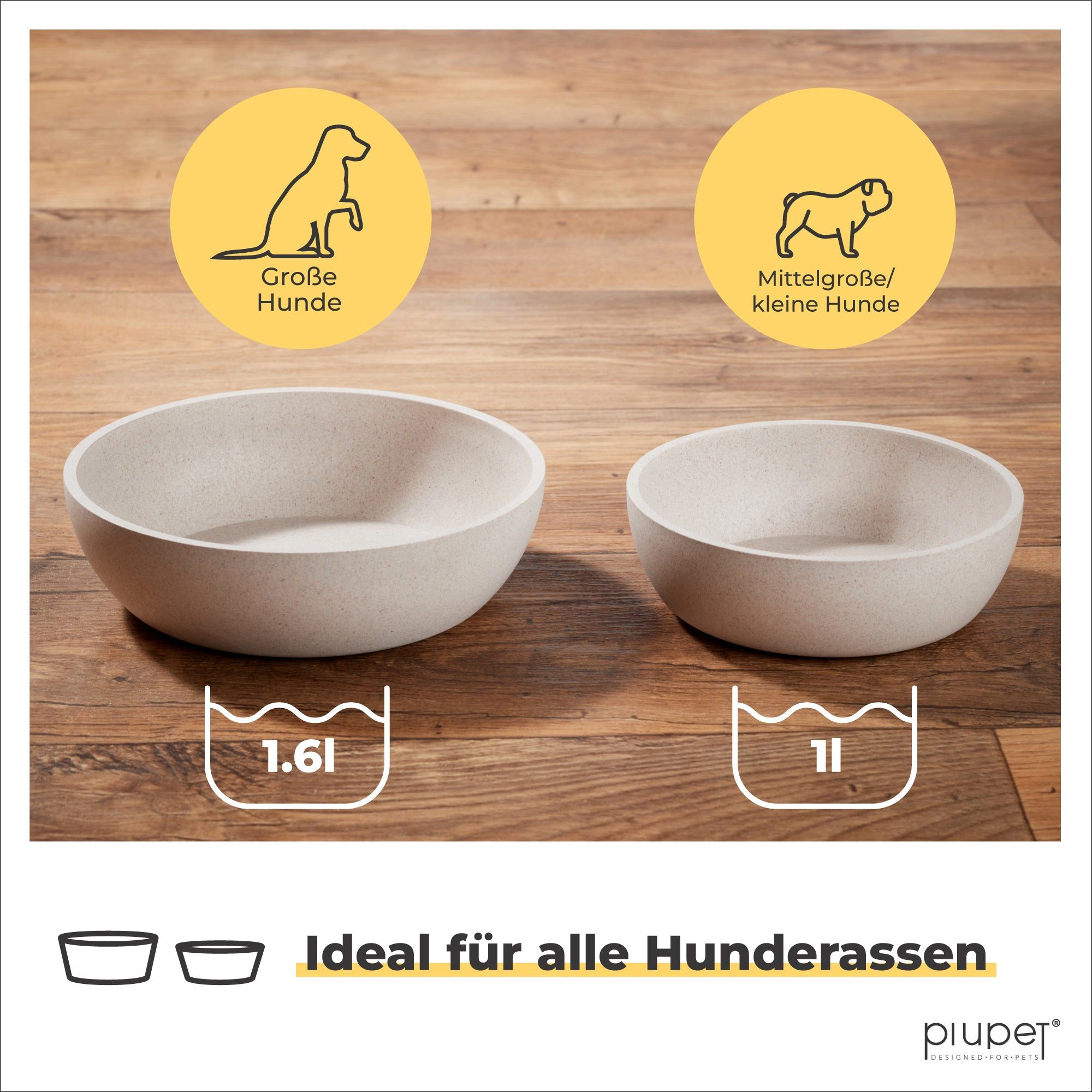 Piupet Futternapf Futternapf und Wassernapf für Hunde I Spülmaschinenfest I 1 - 1,6L, 50% Bambus, 50% PP, spülmaschinenfest, rutschfeste Unterseite