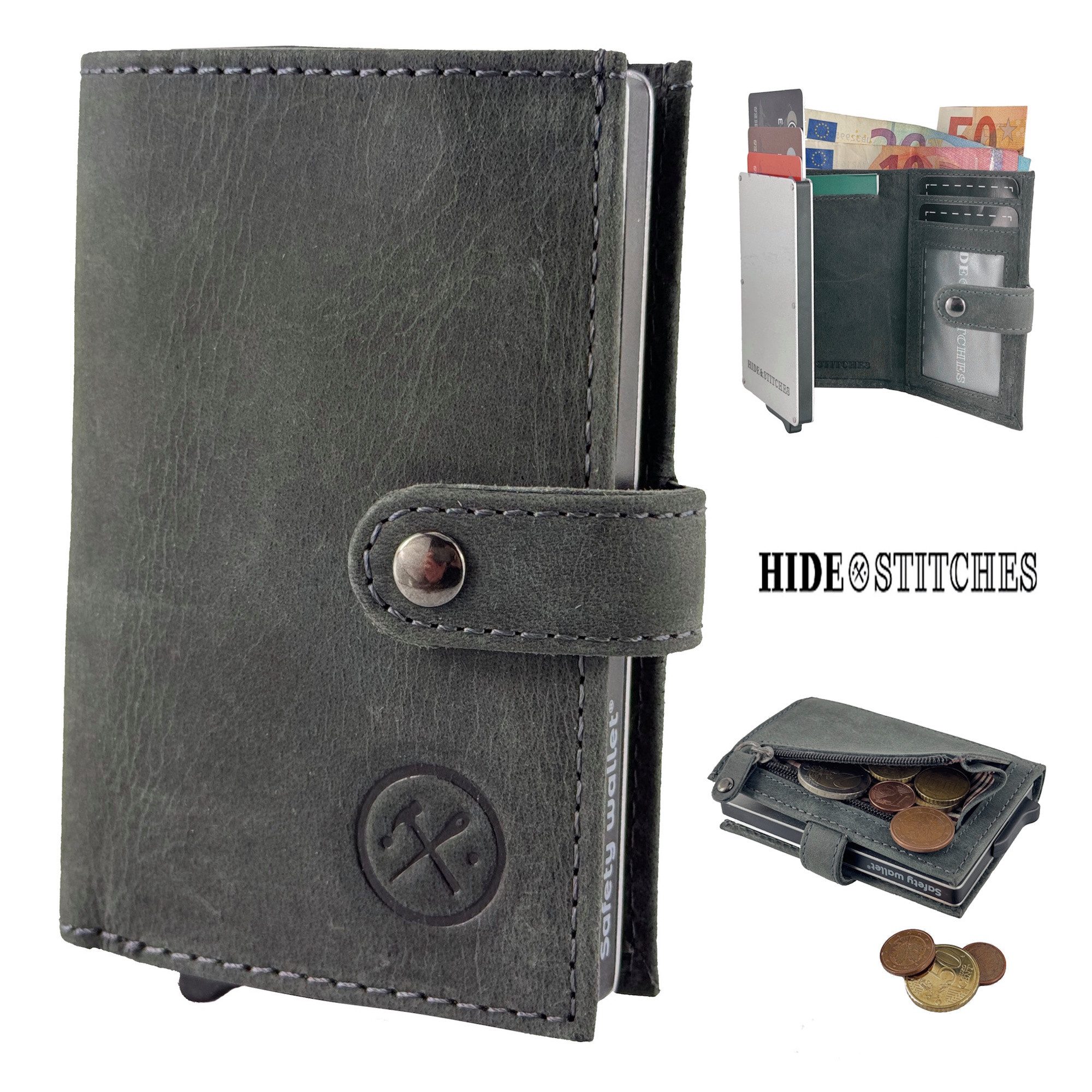 Hide & Stitches Geldbörse Slim Wallet mit Münzfach, Scheinfach & RFID-Schutz, Kartenetui, / Cardholder für bis zu 7 Karten + 2 Kartenfächer + 1 Klarsichtfach