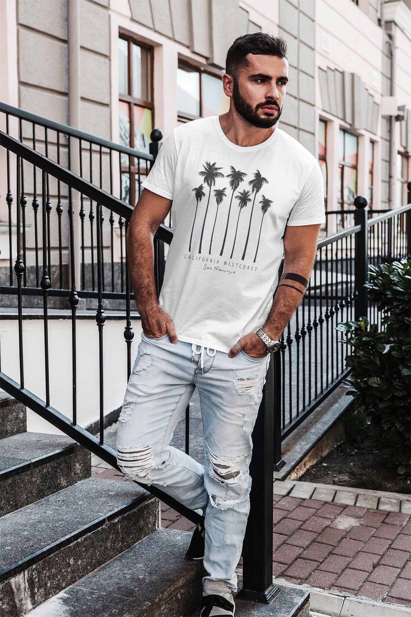 T-Shirt Palmen California Westcoast Slim mit Summer Neverless Print-Shirt Print Neverless® Fit Herren Palms