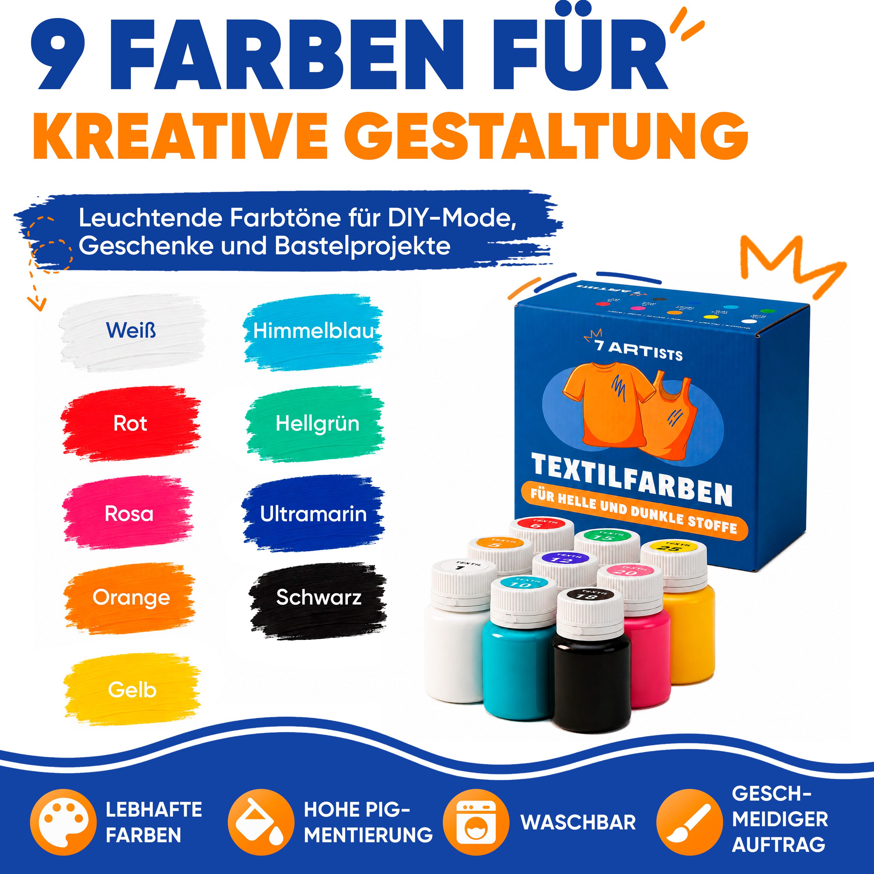 7 Artists Textilfarbe Textilfarbe Waschmaschinenfest Set - Stoffmalfarben Waschfest, für helle und dunkle Textilien