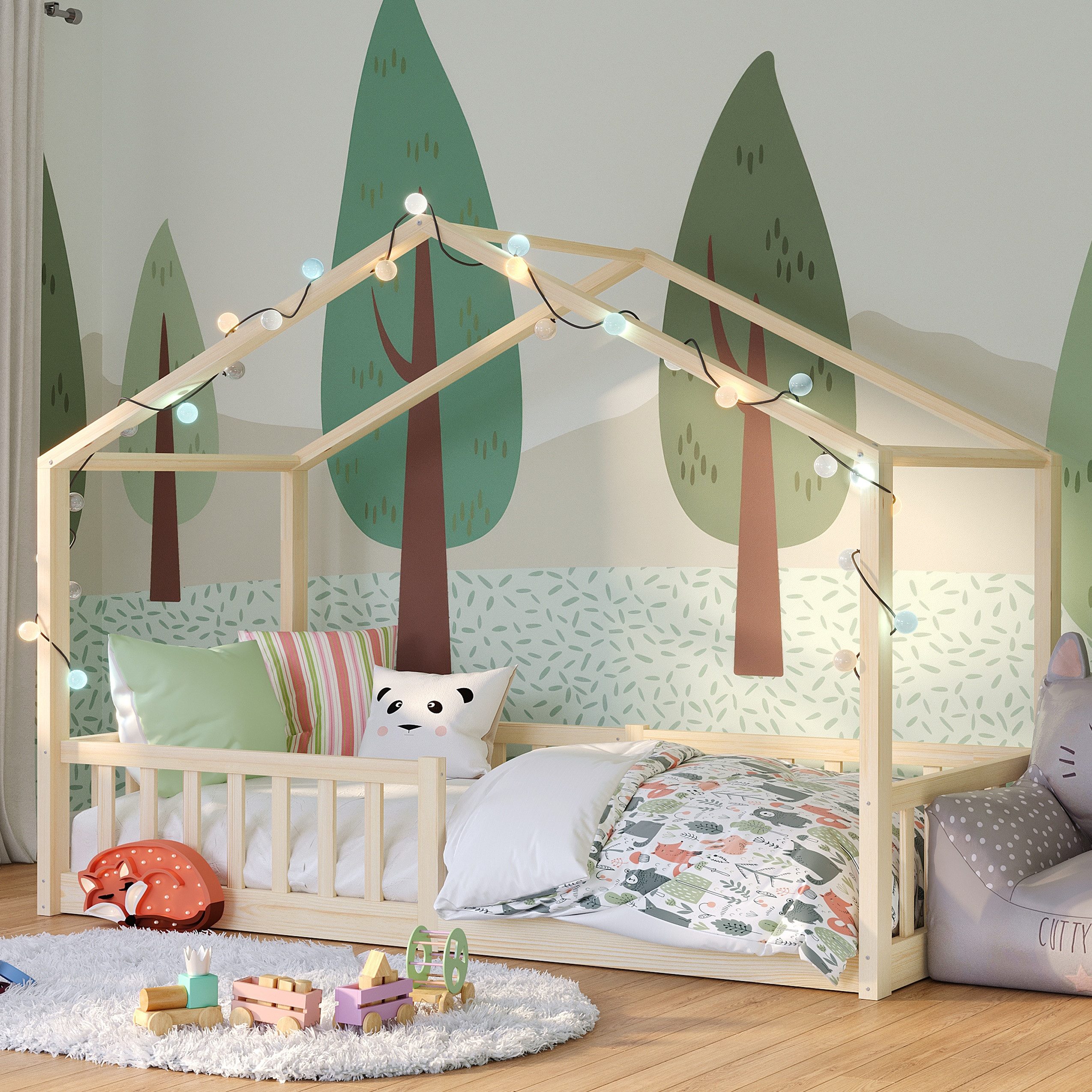 Bellabino Hausbett Bia (natur lackiert, 90x200 cm, Bodenbett mit Rolllattenrost und Rausfallschutz), bodentiefes Kinderbett in verschiedenen Ausführungen