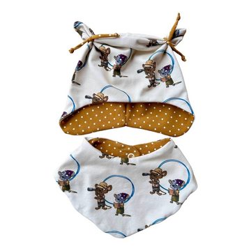 Land-Juwelen Neugeborenen-Geschenkset 3er Set Strampler Mütze Tuch "Die Bademeusel" Mäuse beige