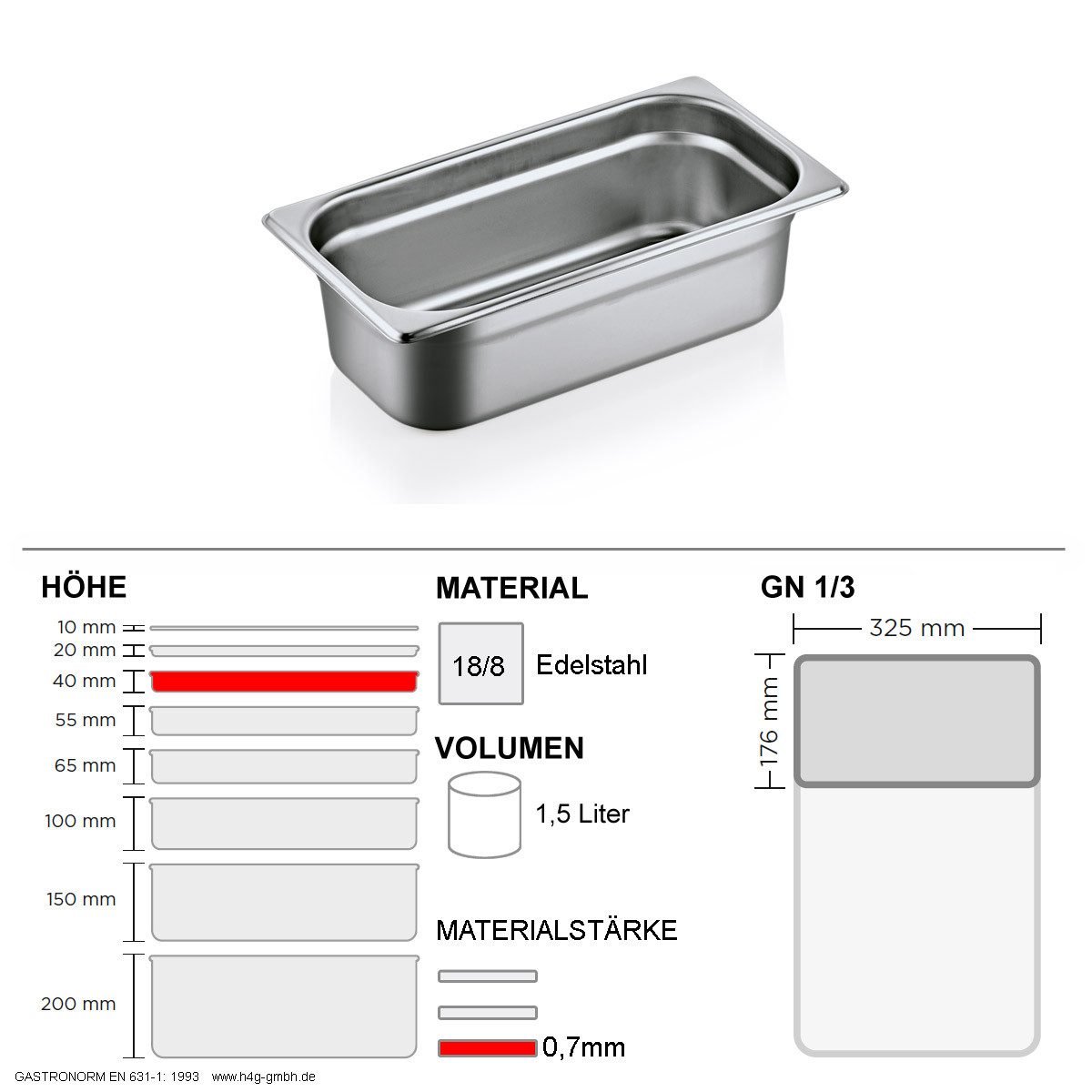 WAS Thermobehälter Gastronorm Behälter GN 1/3 - 40mm - GN90 - 18/8 Edelstahl - 0,7mm