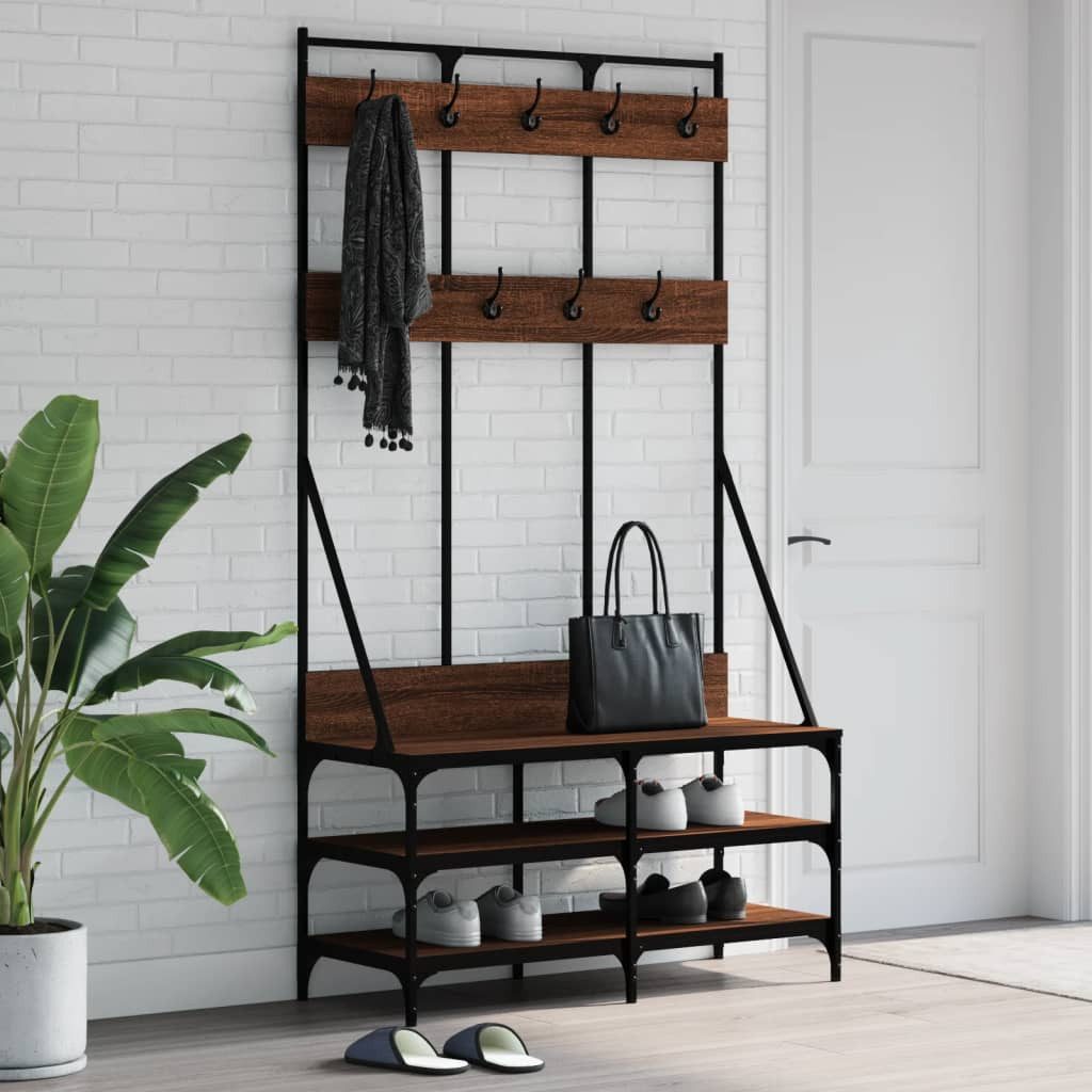 furnicato Kleiderständer mit Schuhablage 100x40x184 cm Braun Eichen-Optik, Garderobenständer mit integrierter Schuhablage für kleine Räume