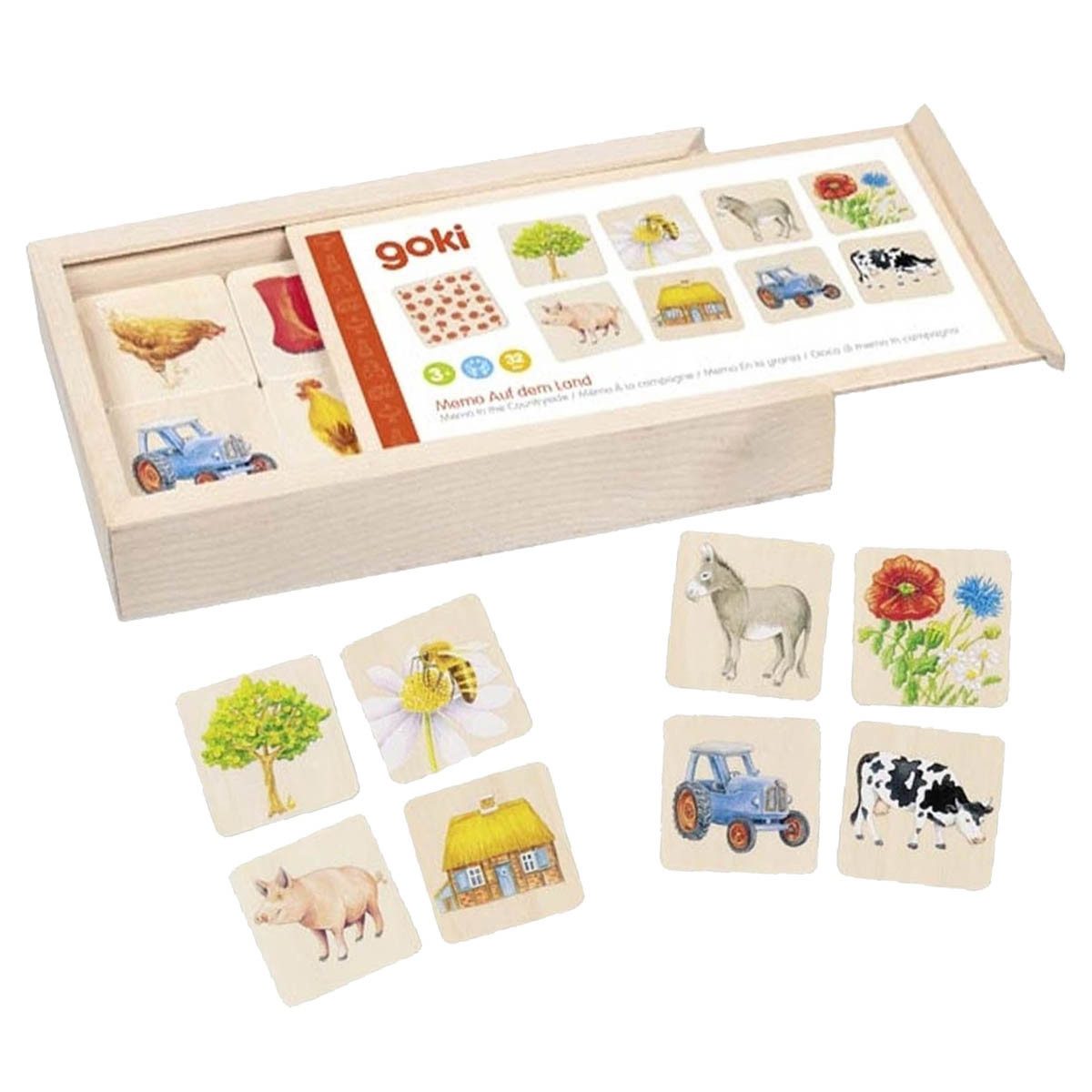 goki Lernspielzeug Memo Auf dem Land (packung, 32-St., mit Holzkasten), Fördert spielerisch das Gedächtnis