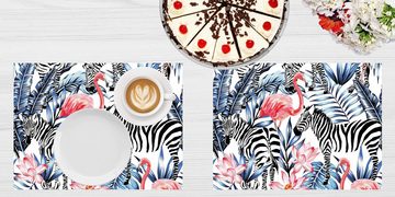 Platzset, Tischset, Platzset abwaschbar - Tropische Zebras und Flamingos - 4 Stück aus erstklassigem Vinyl (Kunststoff) 40 x 30 cm, Tischsetmacher, (4-St)