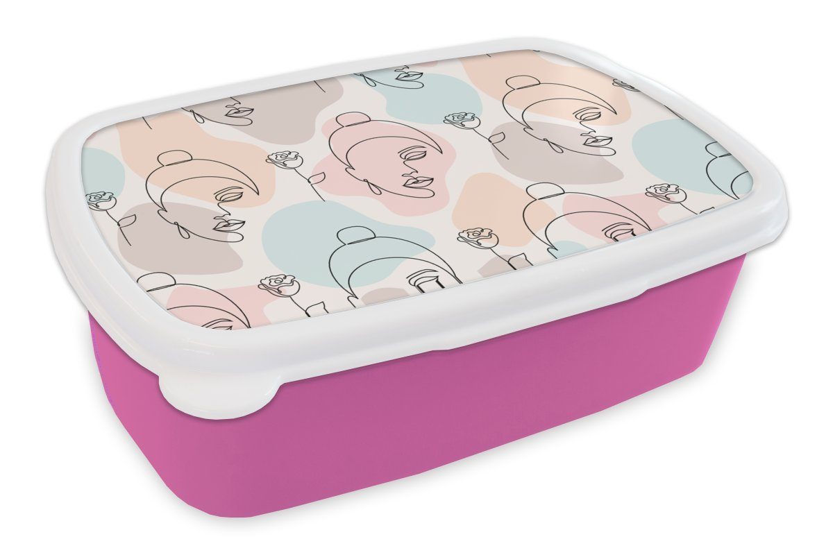 MuchoWow Lunchbox Frau - Blumen - Strichzeichnung - Pastell - Muster, Kunststoff, (2-tlg), Brotbox für Erwachsene, Brotdose Kinder, Snackbox, Mädchen, Kunststoff rosa