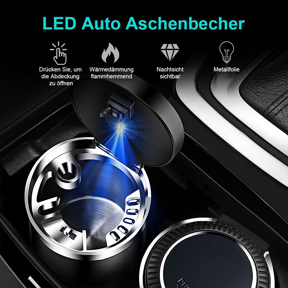 LED, Deckel Auto-Aschenbecher Aschenbecher Edelstahl Tragbarer mit schwarz. und aus TUABUR