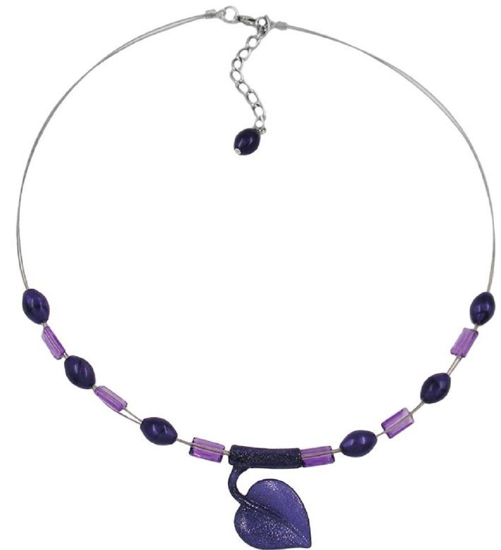 Collier Drahtkette mit Kunststoff-Perlen in Blattform Lila-Flitter 45 cm
