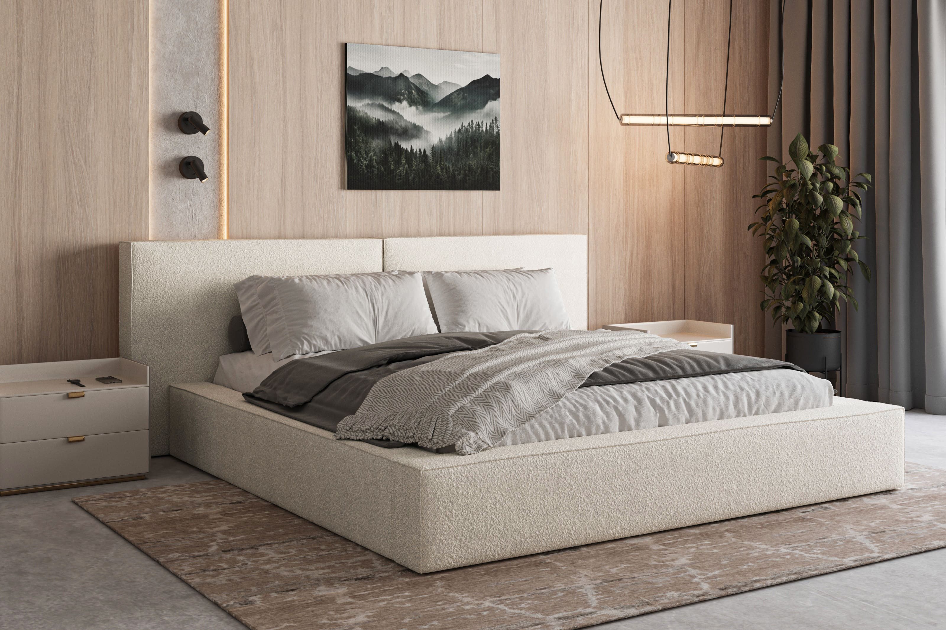 MOEBLO Polsterbett aus Bouclé Bett 06 (Bezug: Boucle, Doppelbett mit Kopfstütze, Rahmenbettgestell, mit Bettkasten und Lattenrost), gepolstertes Kopfteil