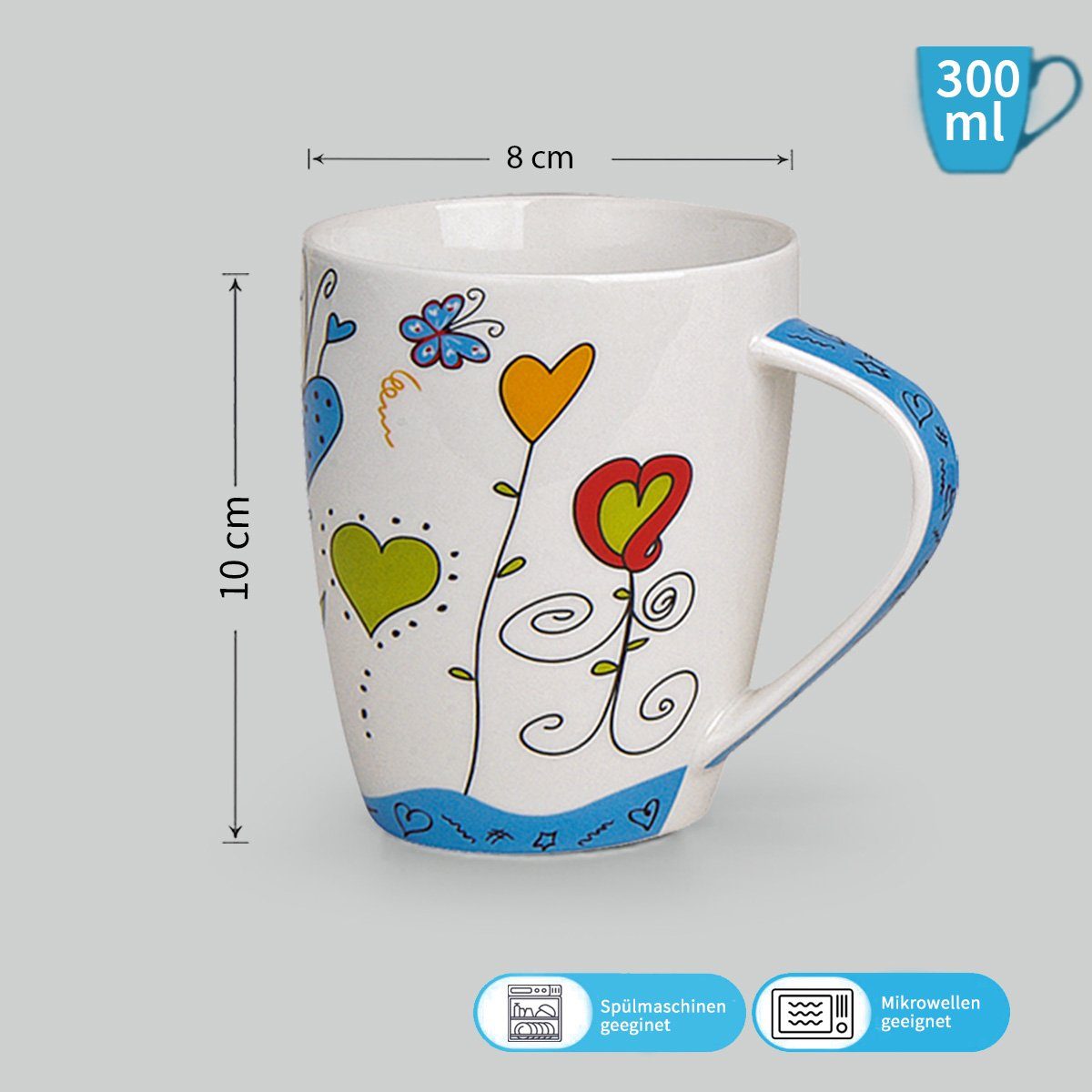 matches21 HOME & HOBBY Tasse Kaffeetassen 6er Set Blumen Herzen Frühling Sommer, 6-tlg., Porzellan, Tee Kaffee-Becher, modern, blau grün rot bunt, 300 ml