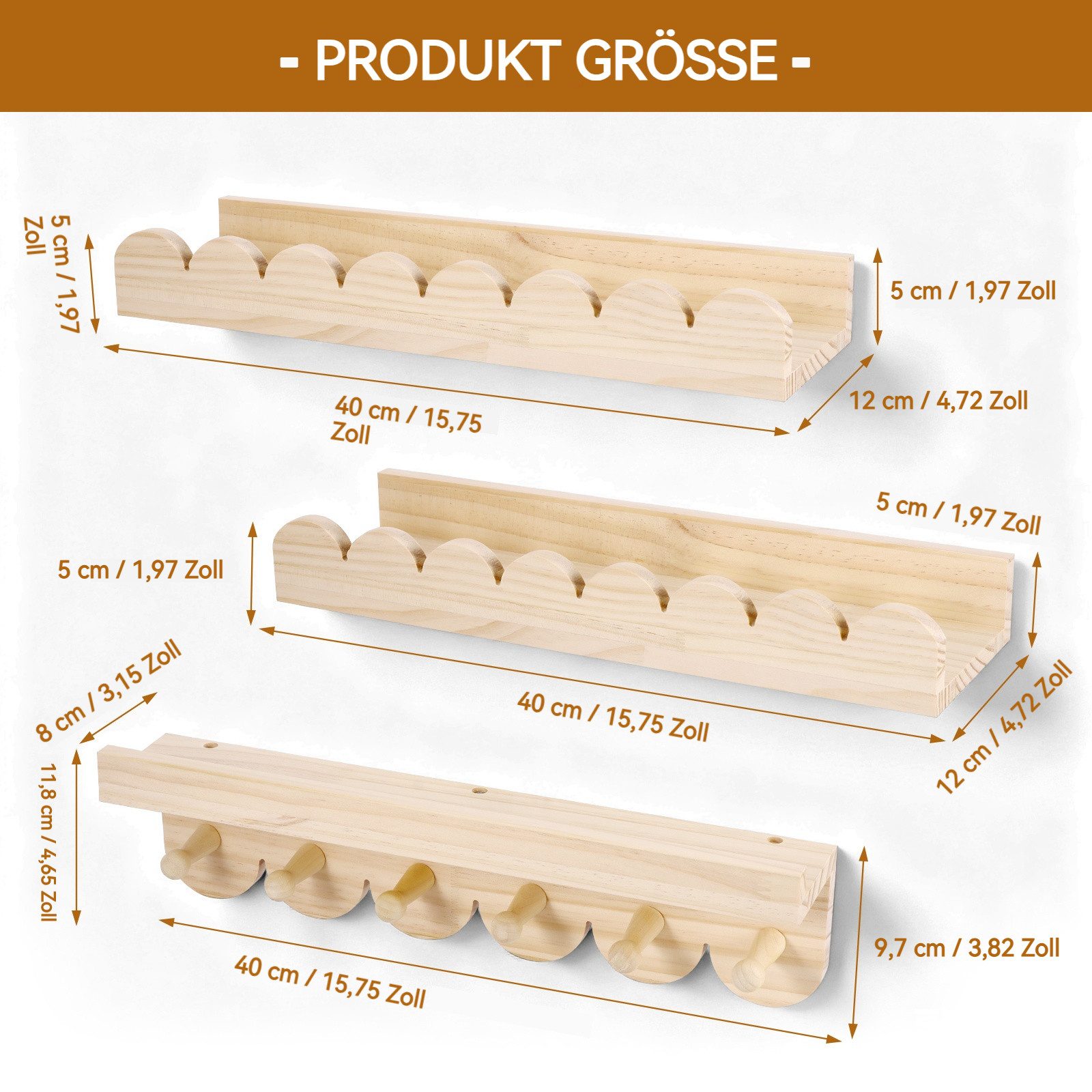 BlingBin Kinderregal 3er Set Bücherregal Kinder Wand, Wandregal Kinderzimmer 40cm, 1er Set 3-tlg., Schweberegale mit 6 Holzhaken für Jungen & Mädchen, Montessor – Bild 3 von 5